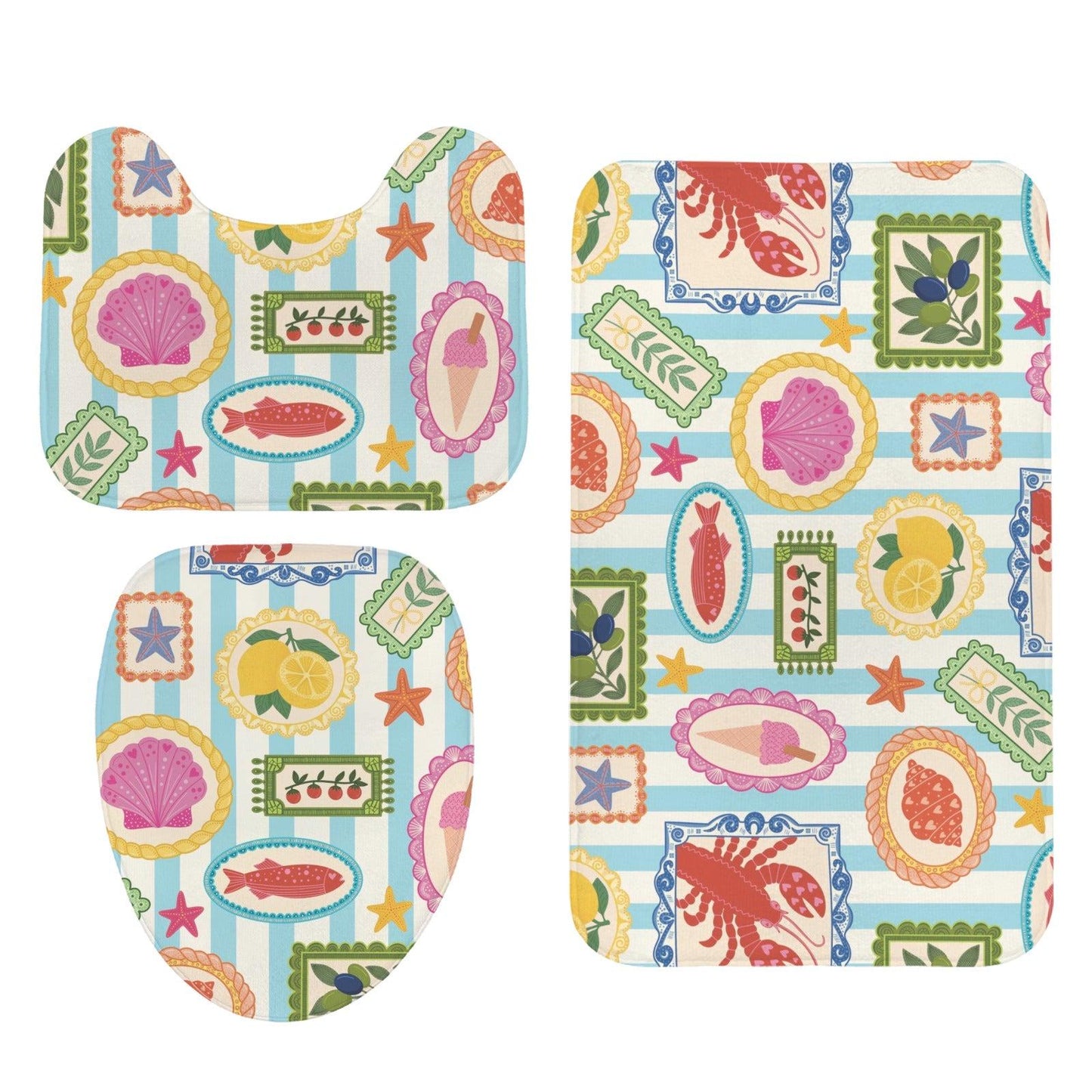 Mediterranean Bath Mat Set, Amalfi Lemon Seashell Rug Trio, Lobster Toilet Cover