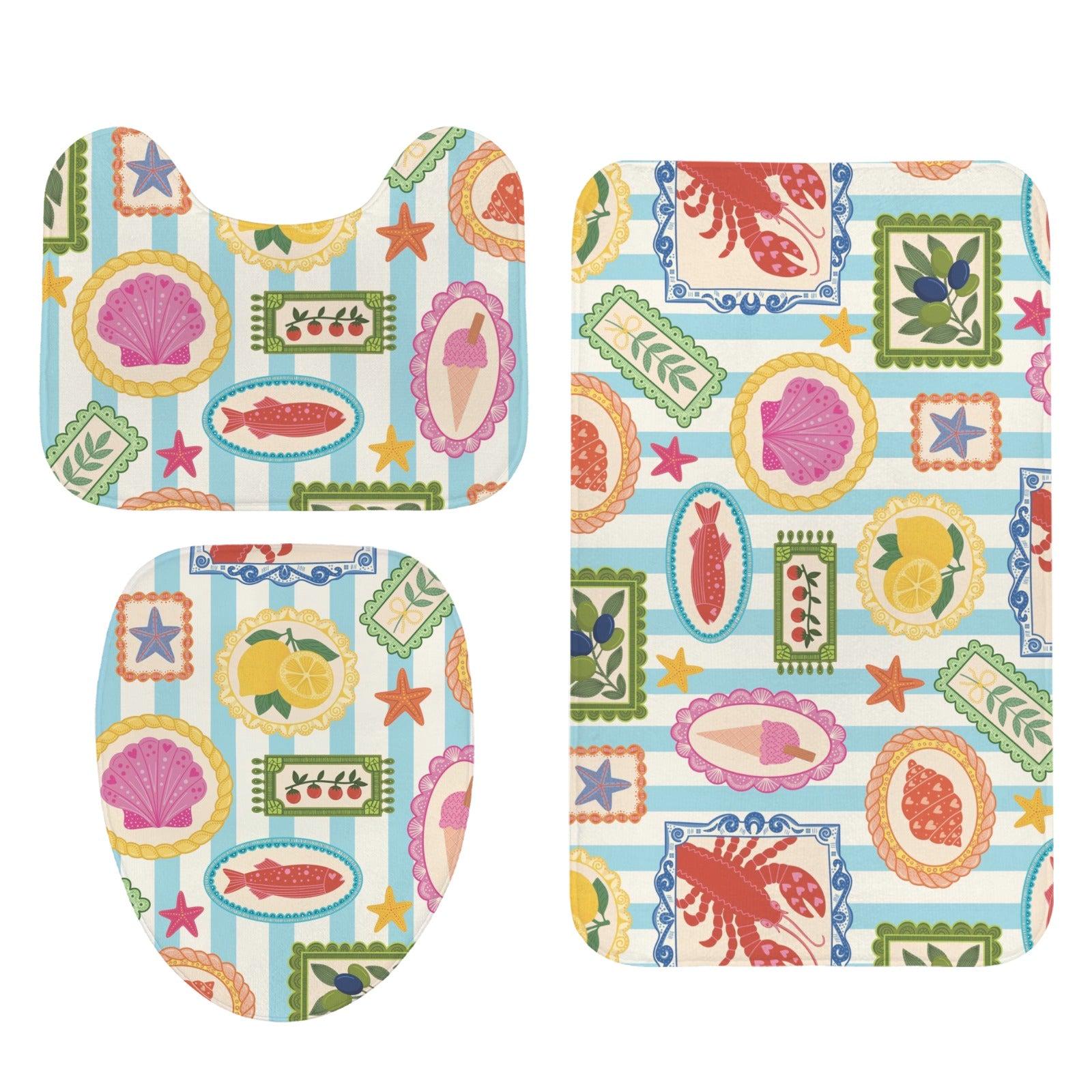 Mediterranean Bath Mat Set, Amalfi Lemon Seashell Rug Trio, Lobster Toilet Cover