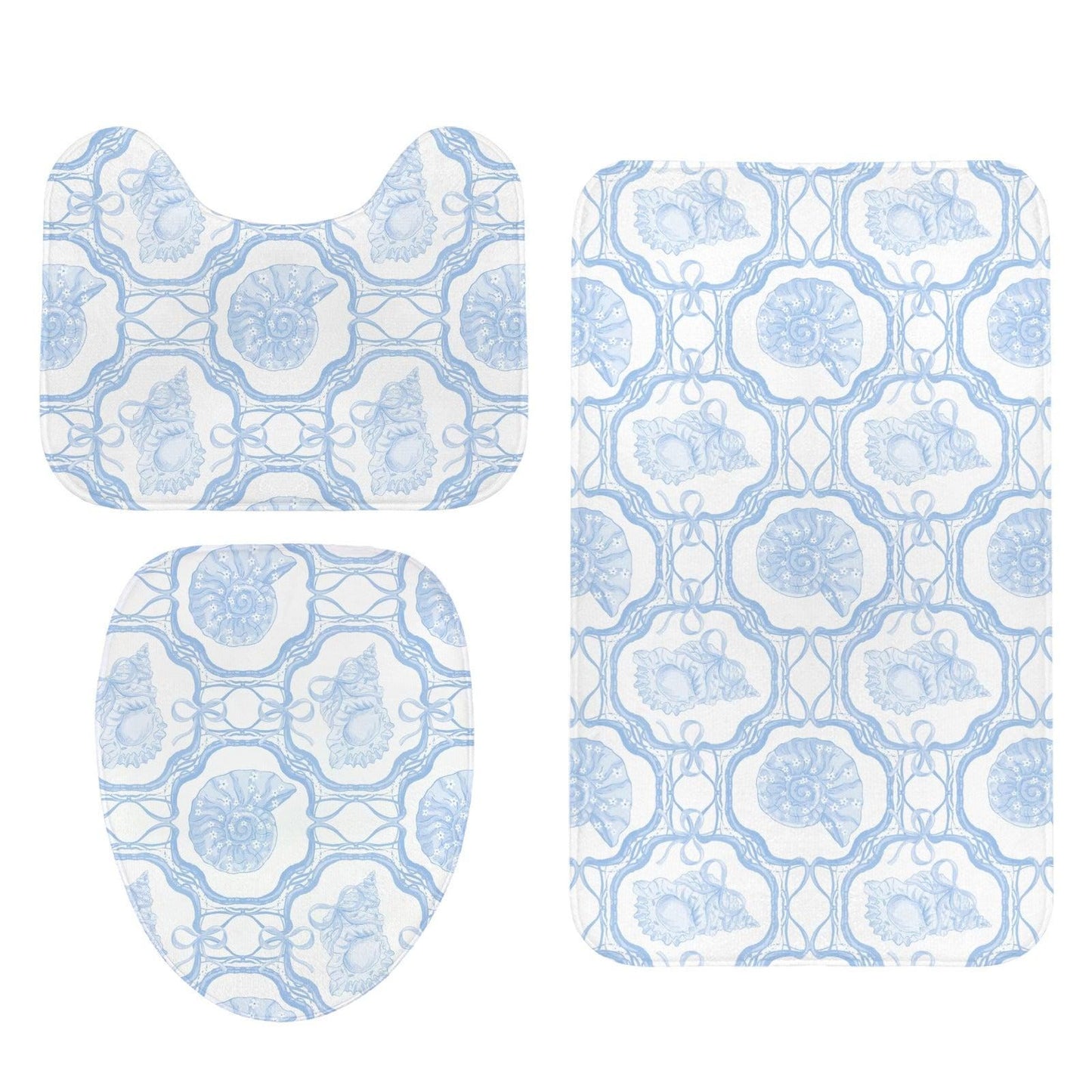 Coastal Seashell Bathroom Rug Set, Blue Beach Cottage Bath Mats (3-Piece)