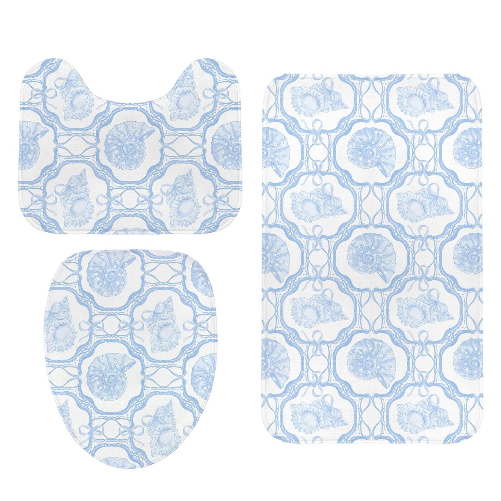 Coastal Seashell Bathroom Rug Set, Blue Beach Cottage Bath Mats (3-Piece)