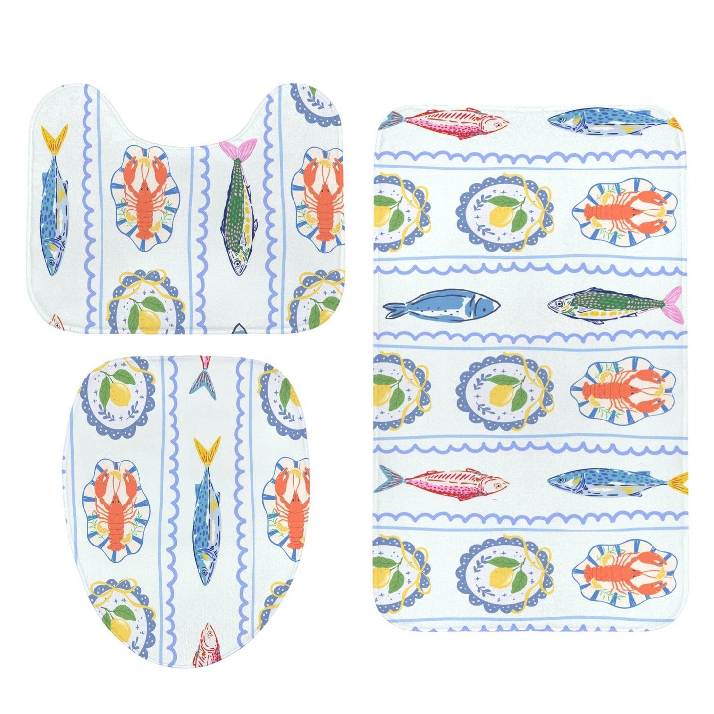 Coastal Seafood Bathroom Rug Set, Lobster Fish Lemon Beach House Decor