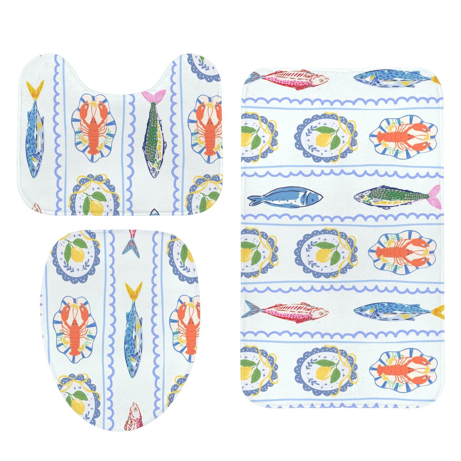 Coastal Seafood Bathroom Rug Set, Lobster Fish Lemon Beach House Decor