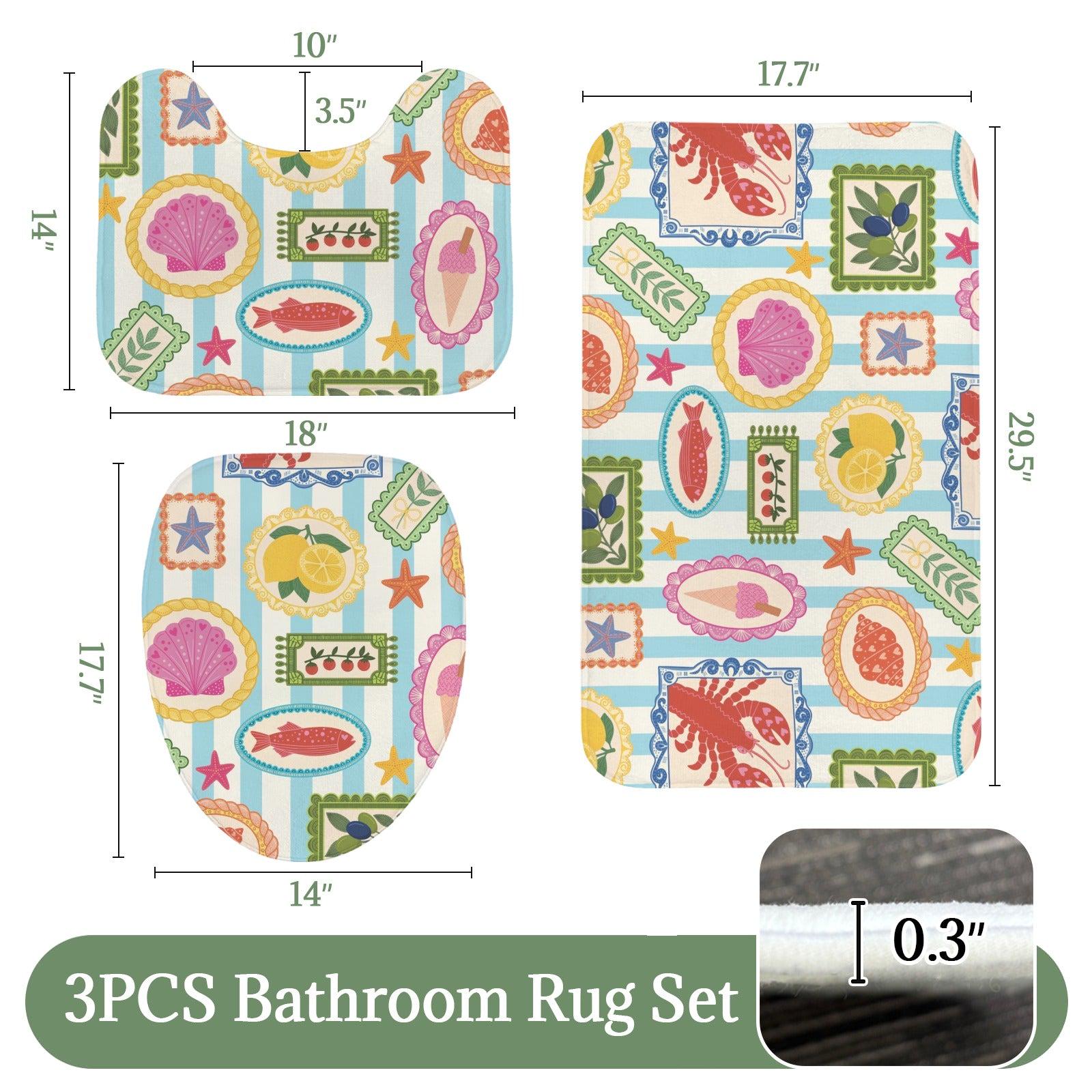 Mediterranean Bath Mat Set, Amalfi Lemon Seashell Rug Trio, Lobster Toilet Cover