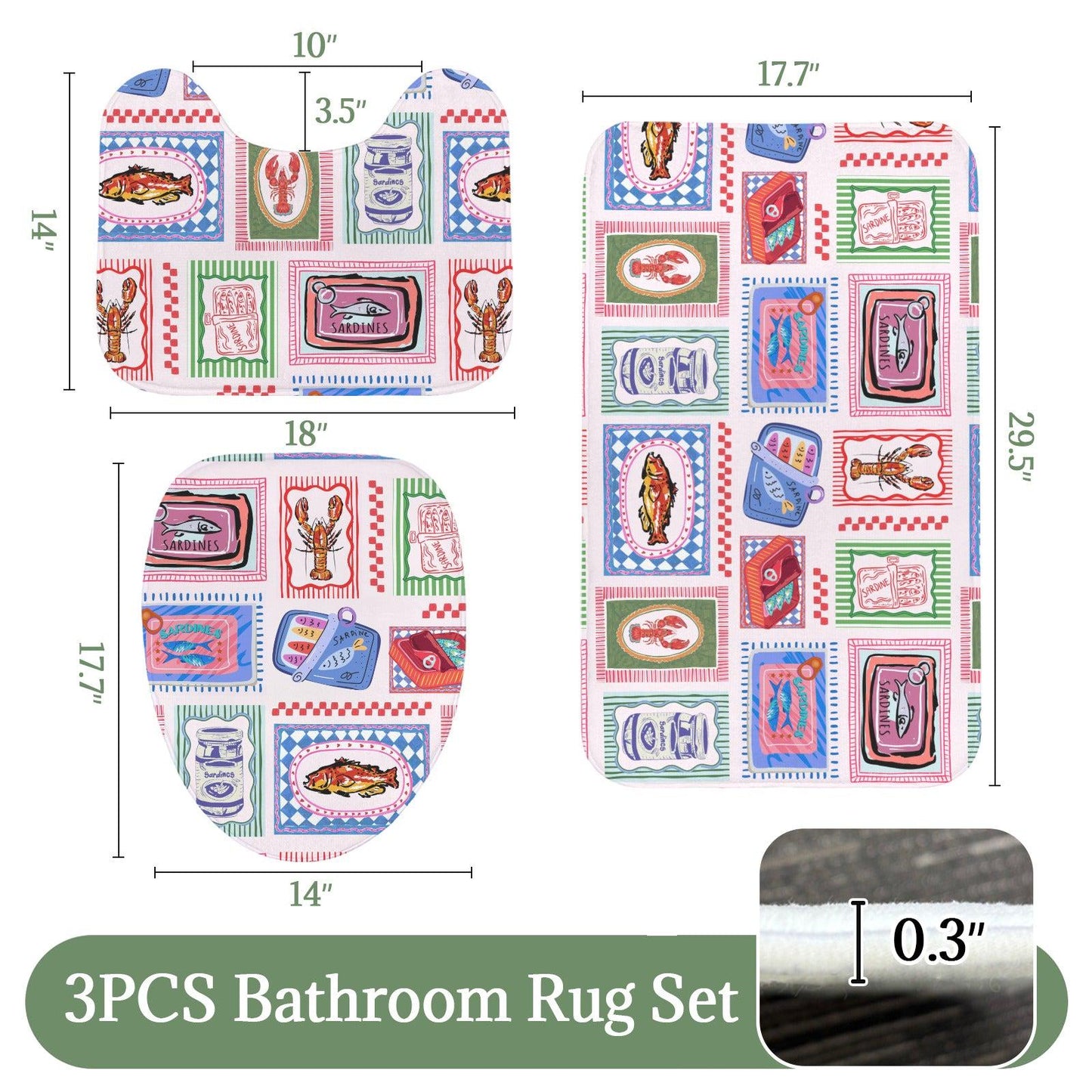 Fish Market Bath Rug Set, Sardine Tin Bathroom Mat Trio, Lobster Toilet Cover