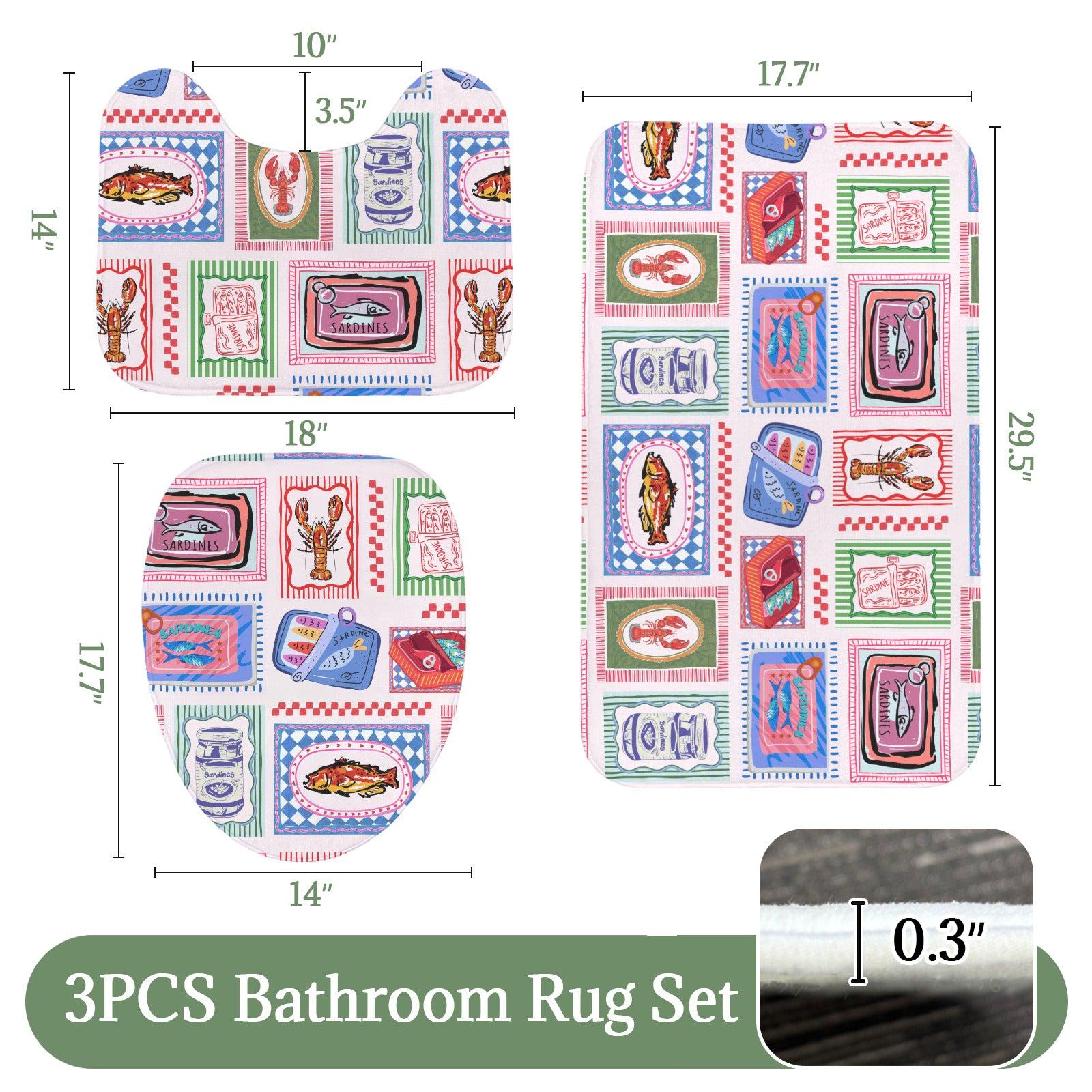 Fish Market Bath Rug Set, Sardine Tin Bathroom Mat Trio, Lobster Toilet Cover