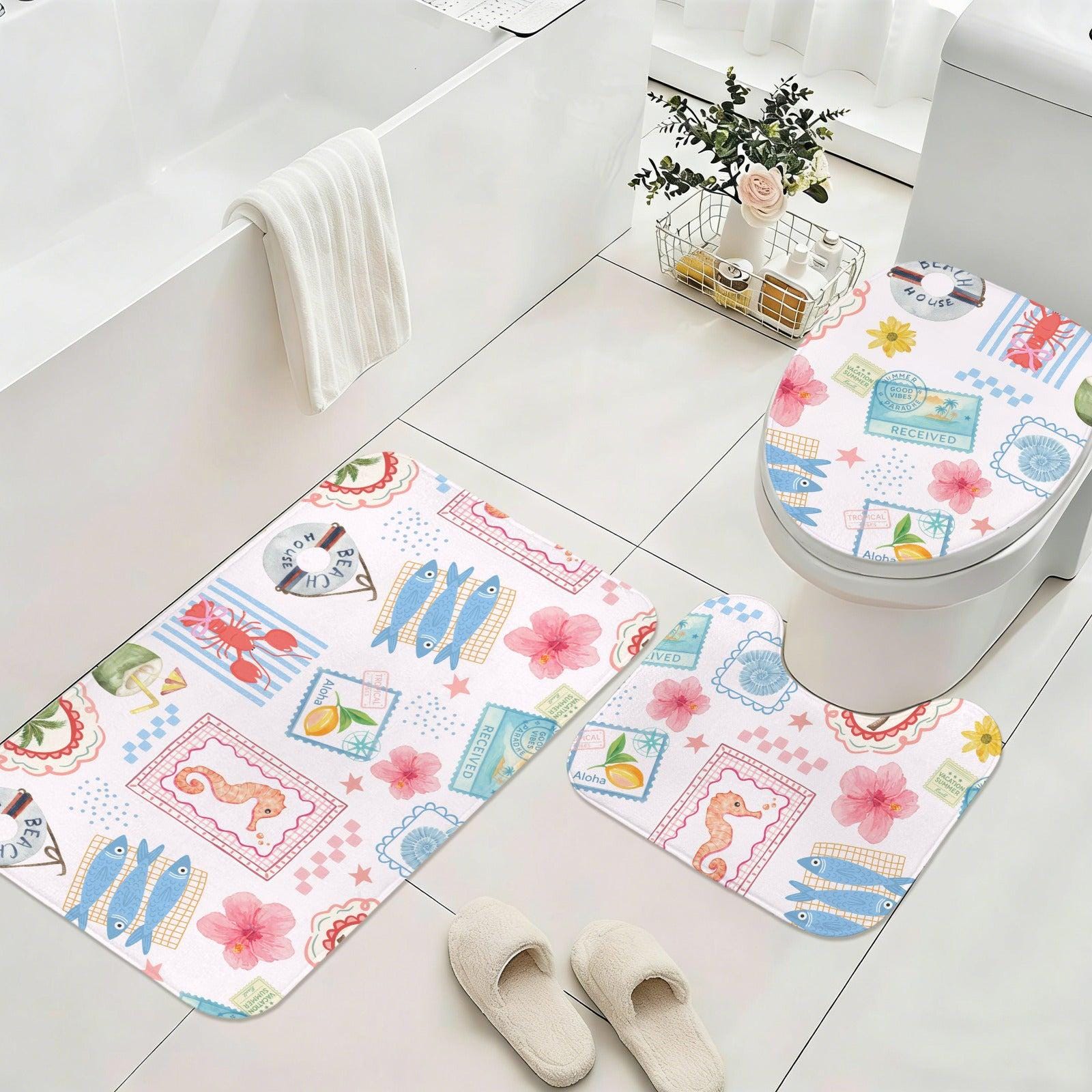 11Coastal Bathroom Rug Set, Tropical Beach Bath Mat and Toilet Cover, Seahorse Fish Print Restroom Decor, Vacation House Accent
