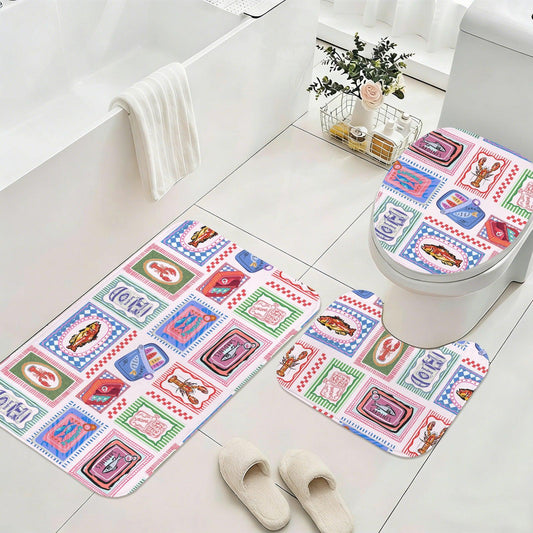 Fish Market Bath Rug Set, Sardine Tin Bathroom Mat Trio, Lobster Toilet Cover