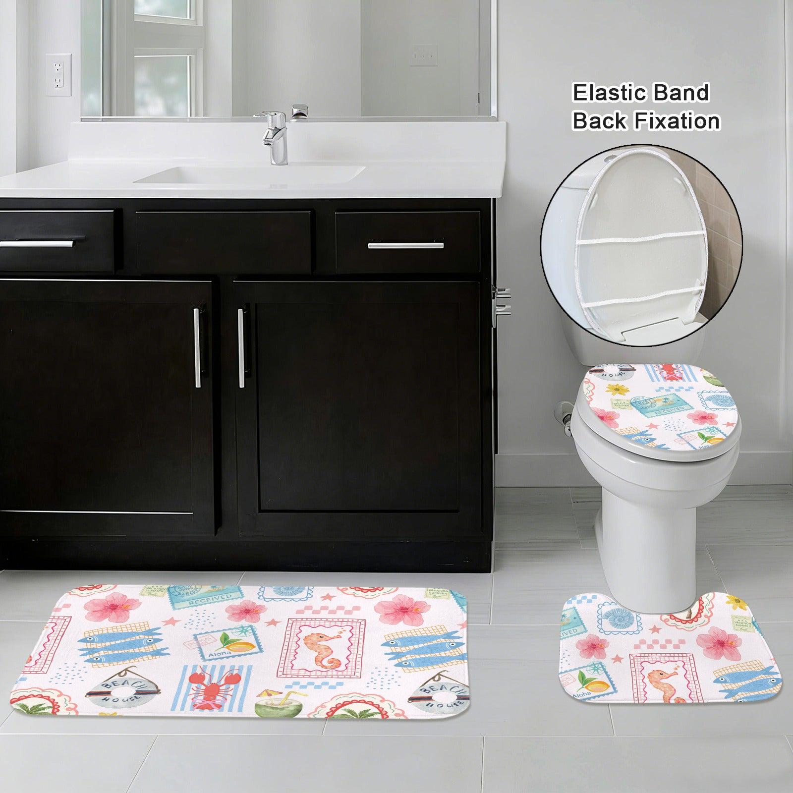 11Coastal Bathroom Rug Set, Tropical Beach Bath Mat and Toilet Cover, Seahorse Fish Print Restroom Decor, Vacation House Accent