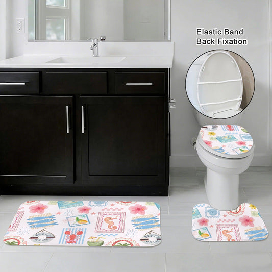 11Coastal Bathroom Rug Set, Tropical Beach Bath Mat and Toilet Cover, Seahorse Fish Print Restroom Decor, Vacation House Accent