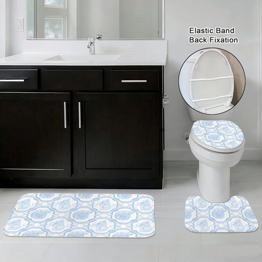 Coastal Seashell Bathroom Rug Set, Blue Beach Cottage Bath Mats (3-Piece)