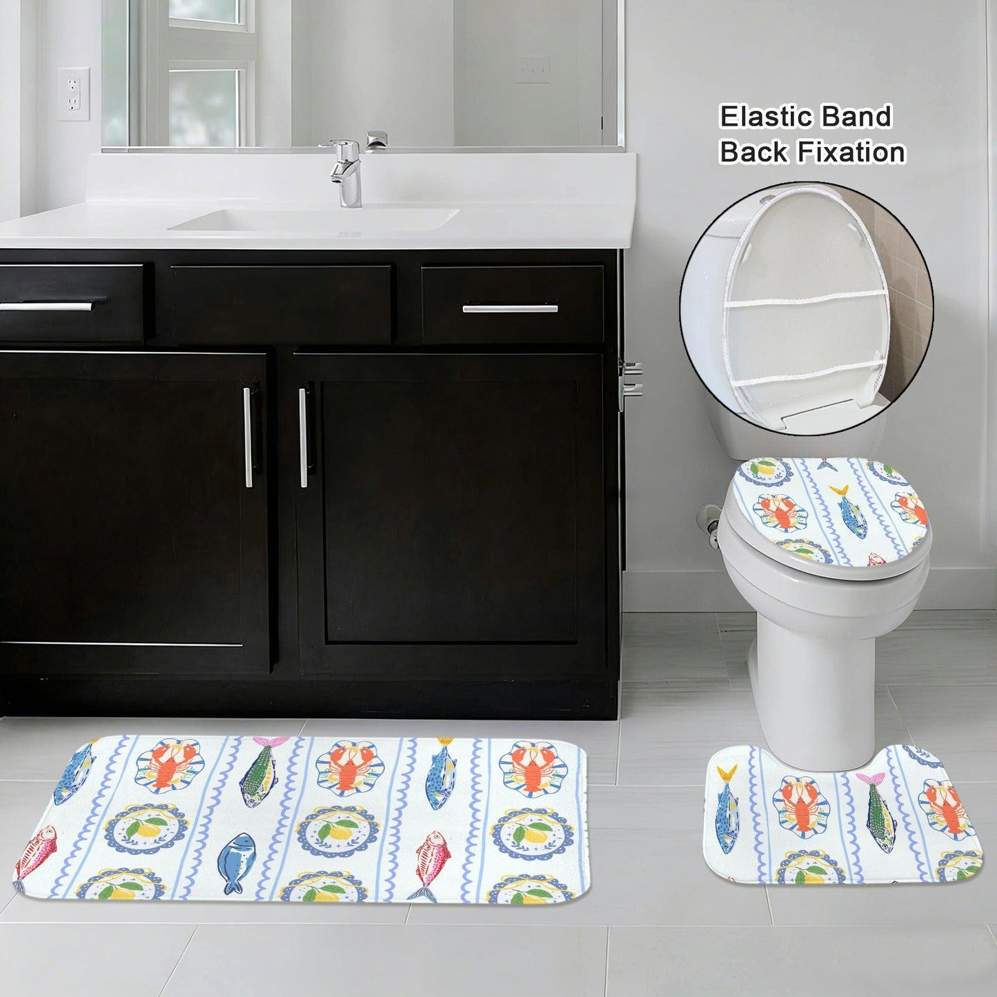 Coastal Seafood Bathroom Rug Set, Lobster Fish Lemon Beach House Decor