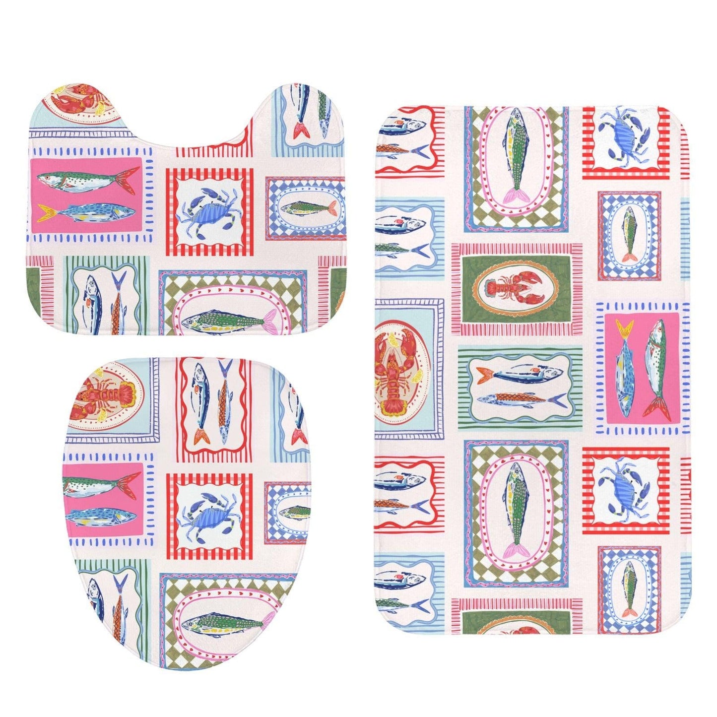 Coastal Bath Mat Set, Fish Lobster Crab Print, Nautical Bathroom Rug, Beach House Decor