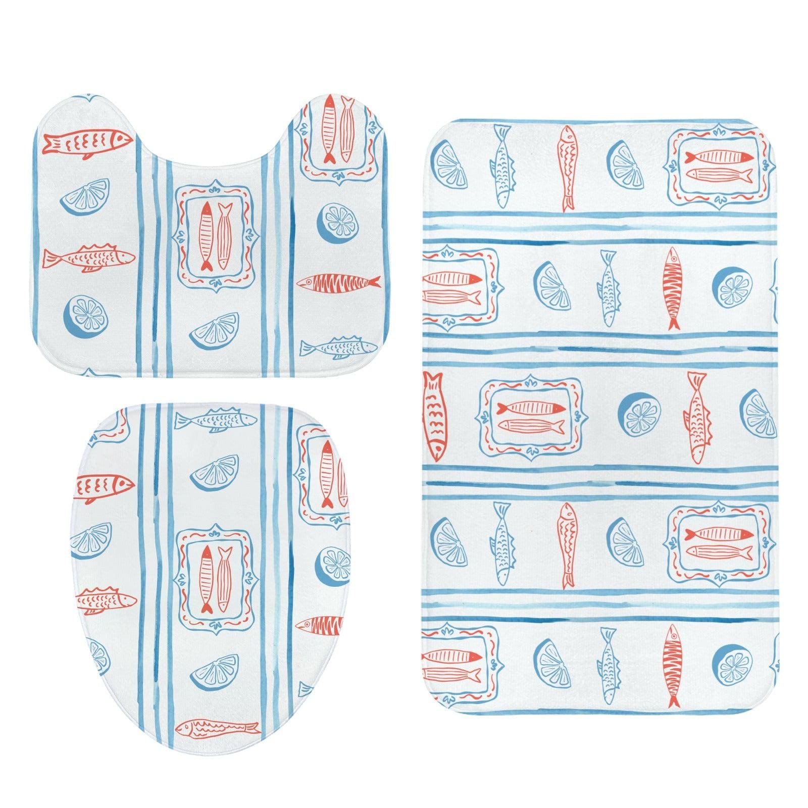 Mediterranean Bath Mat Set, Sardine Lemon Stripe Coastal Bathroom Rug, Beach Apartment Decor
