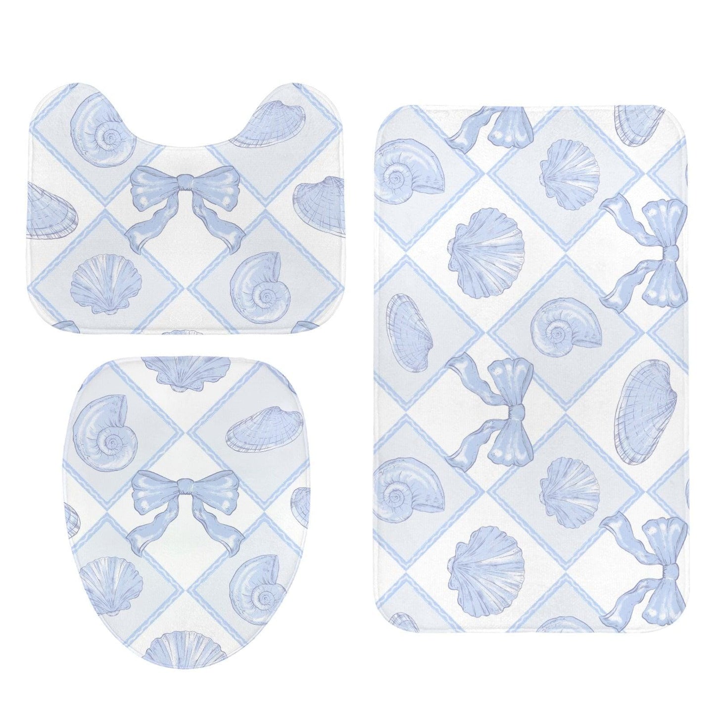 Blue Lattice Shell Bath Mat Set, Coastal Bow Toilet Rug, Seaside Bathroom Decor