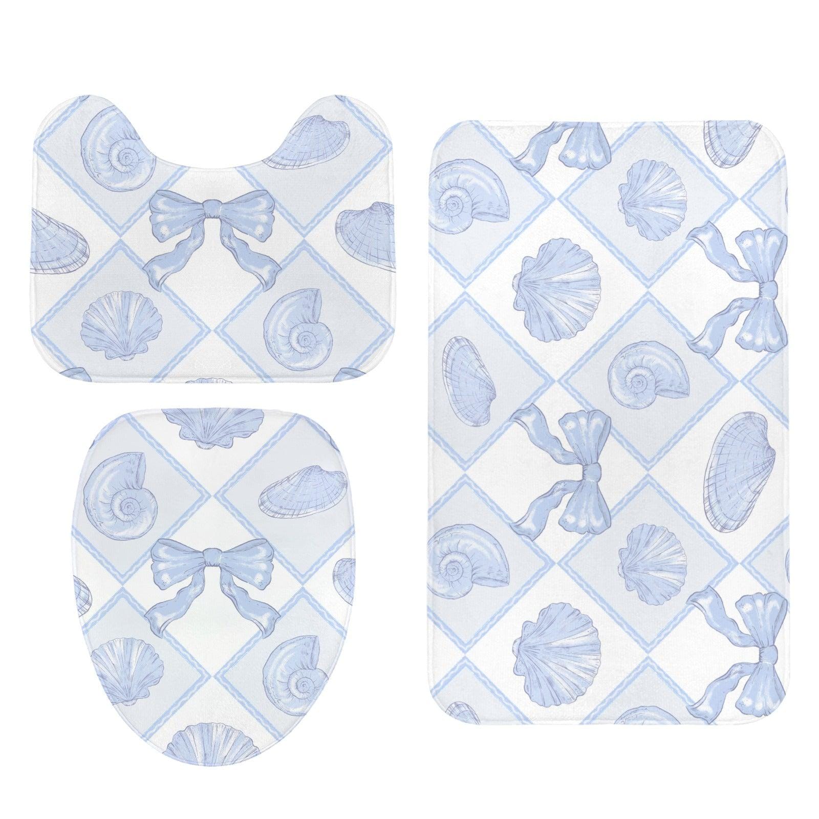 Blue Lattice Shell Bath Mat Set, Coastal Bow Toilet Rug, Seaside Bathroom Decor