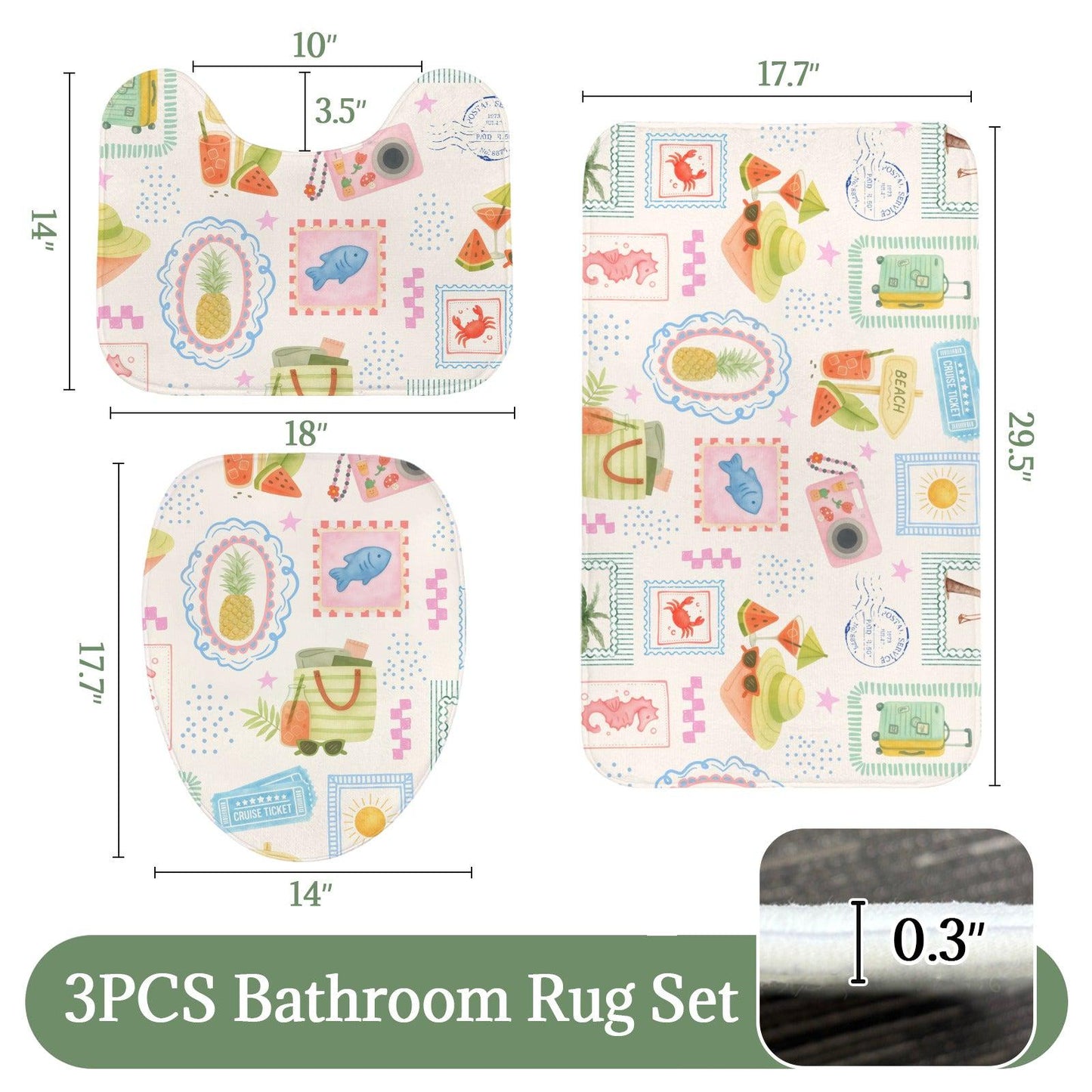 3-Piece Cruise Vacation Bath Mat Set, Pineapple Travel Bathroom Rug Trio