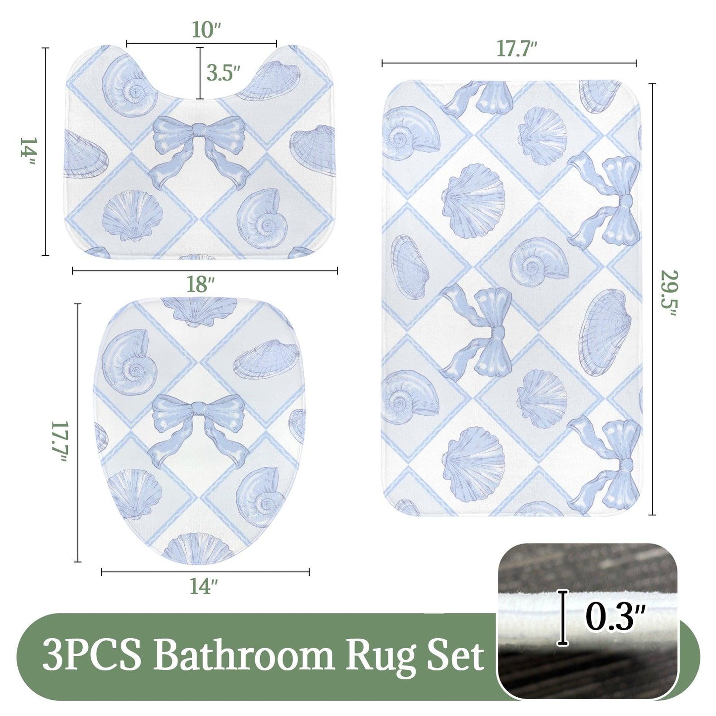 Blue Lattice Shell Bath Mat Set, Coastal Bow Toilet Rug, Seaside Bathroom Decor