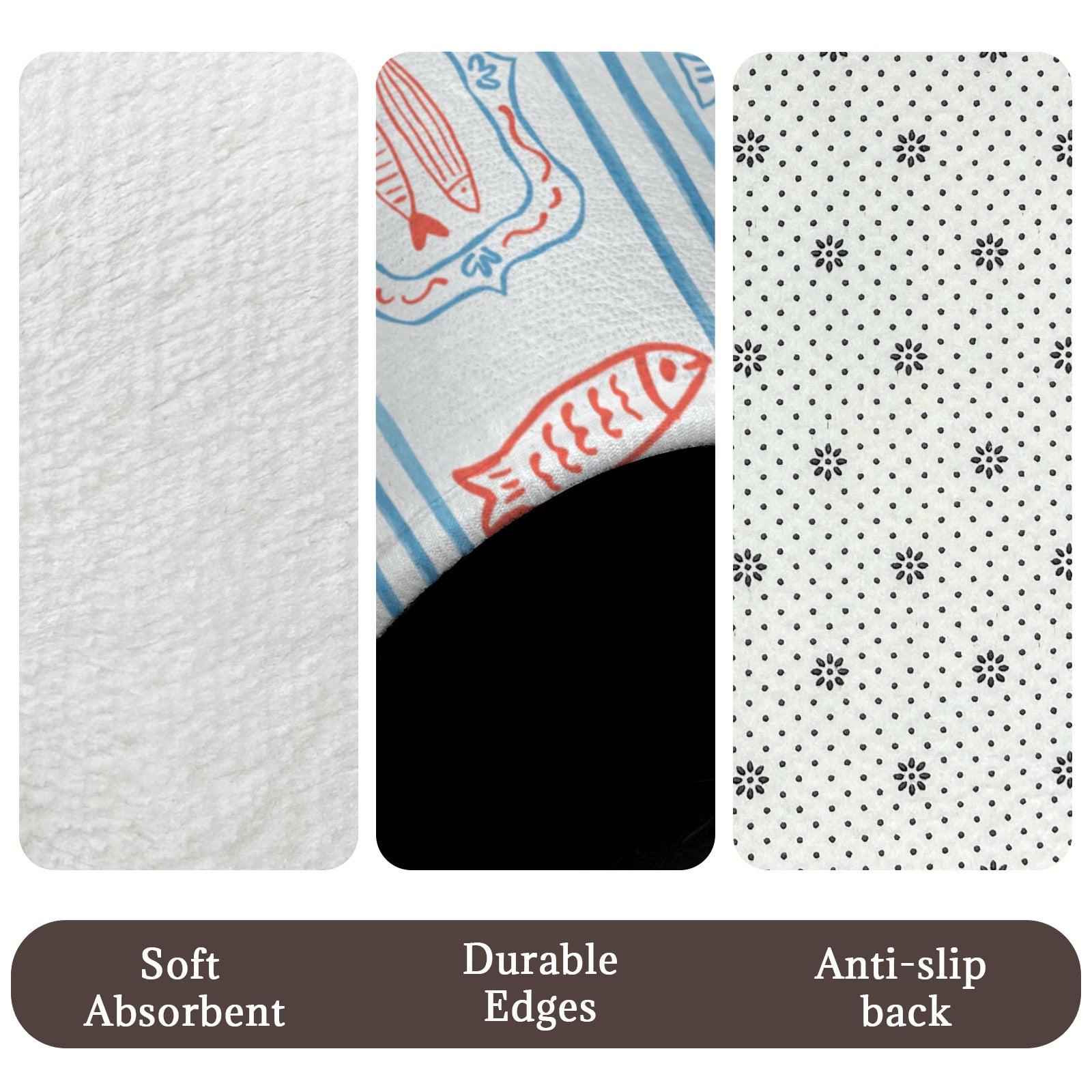 Mediterranean Bath Mat Set, Sardine Lemon Stripe Coastal Bathroom Rug, Beach Apartment Decor