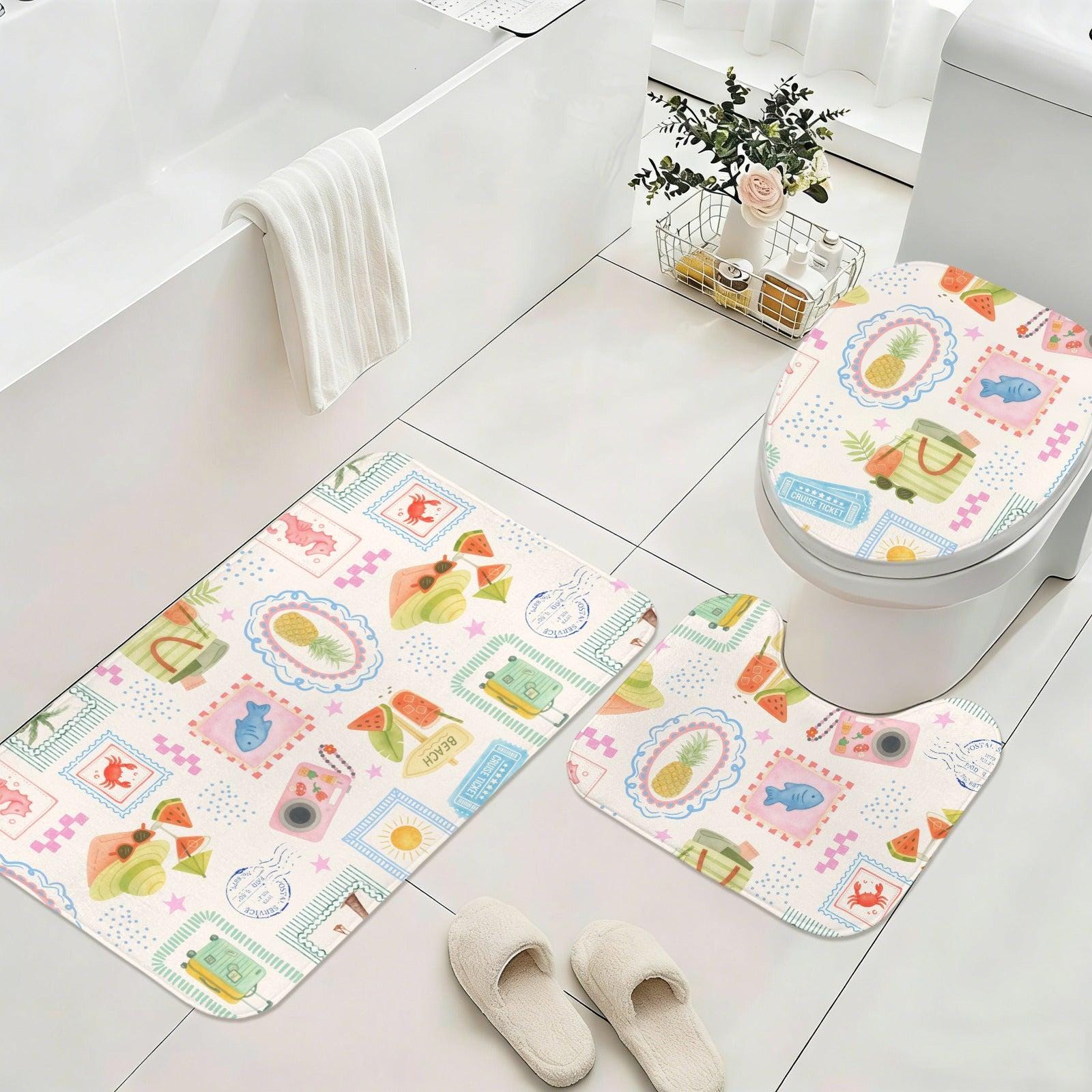 3-Piece Cruise Vacation Bath Mat Set, Pineapple Travel Bathroom Rug Trio