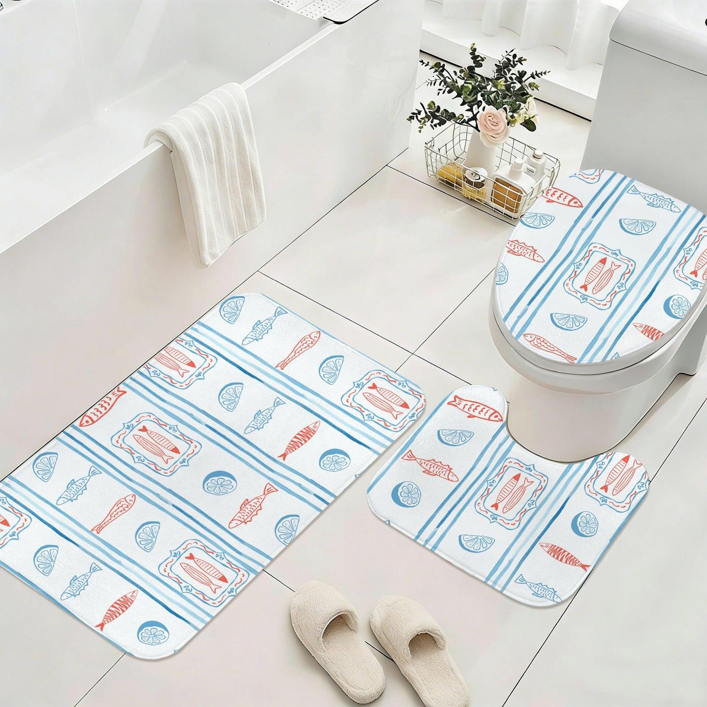 Mediterranean Bath Mat Set, Sardine Lemon Stripe Coastal Bathroom Rug, Beach Apartment Decor