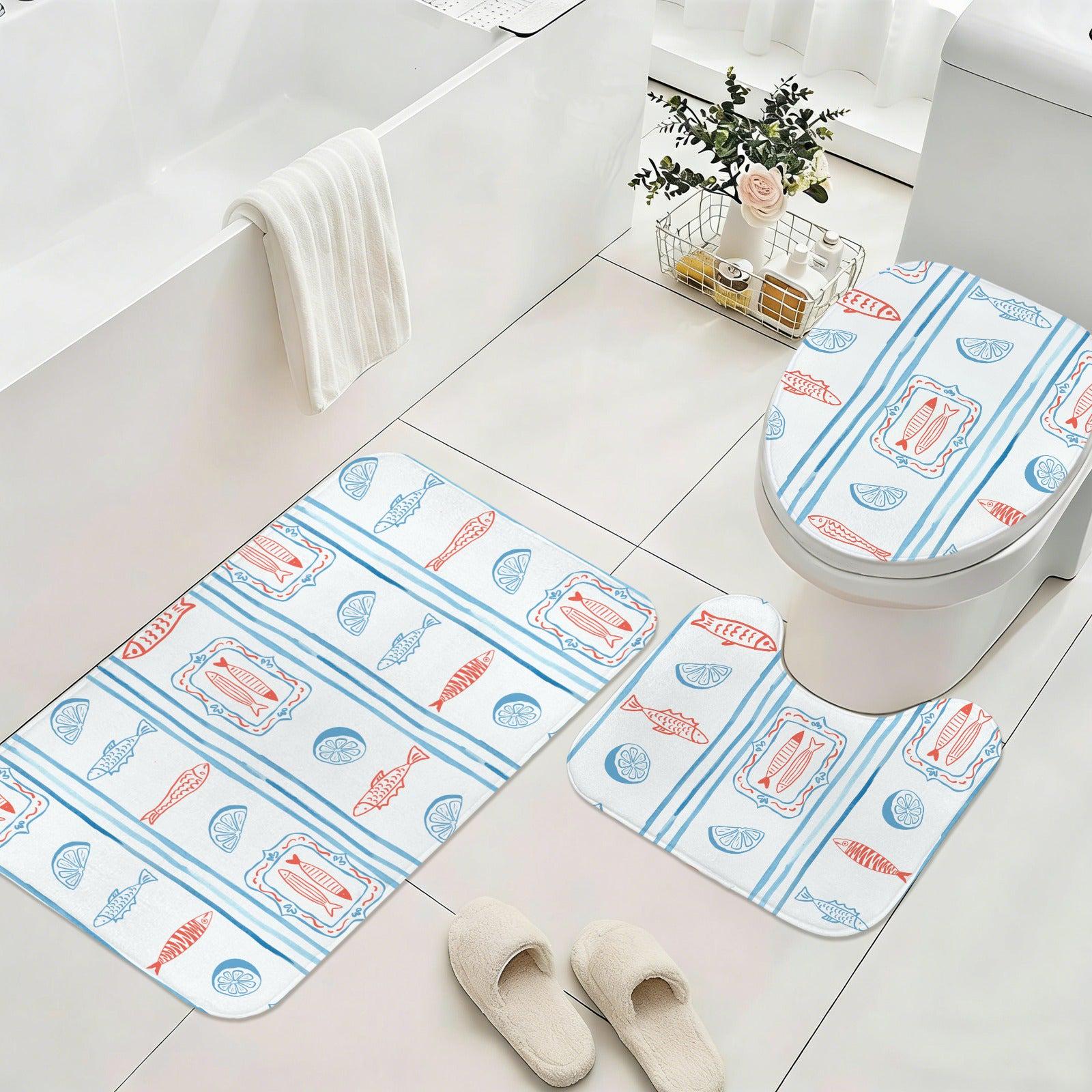 Mediterranean Bath Mat Set, Sardine Lemon Stripe Coastal Bathroom Rug, Beach Apartment Decor