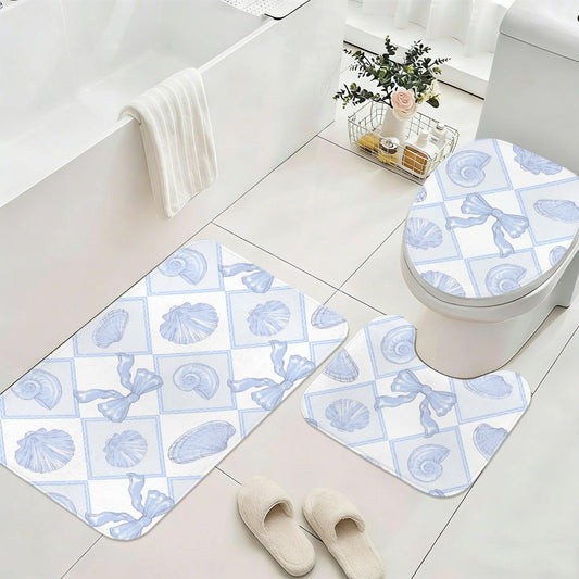 Blue Lattice Shell Bath Mat Set, Coastal Bow Toilet Rug, Seaside Bathroom Decor