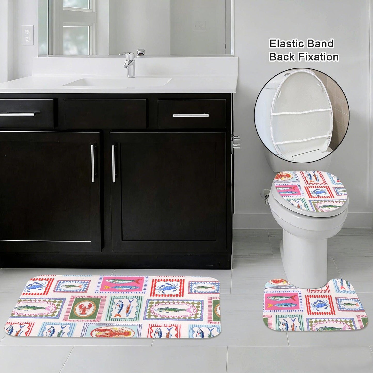 Coastal Bath Mat Set, Fish Lobster Crab Print, Nautical Bathroom Rug, Beach House Decor