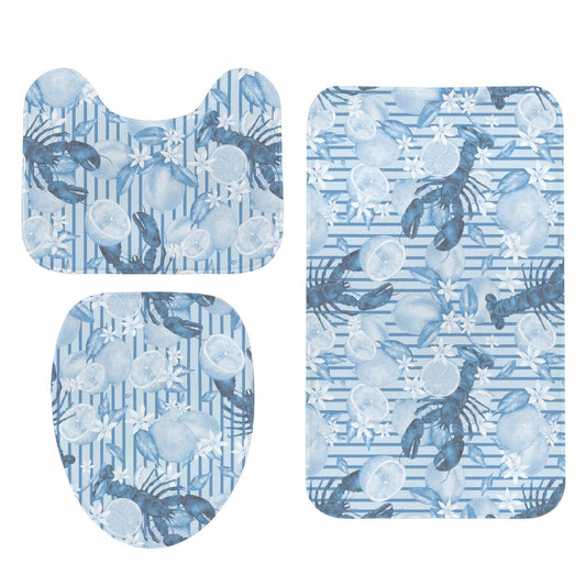 Blue Lobster Lemon Floral Bath Mat Set, Watercolor Coastal Bathroom Rug