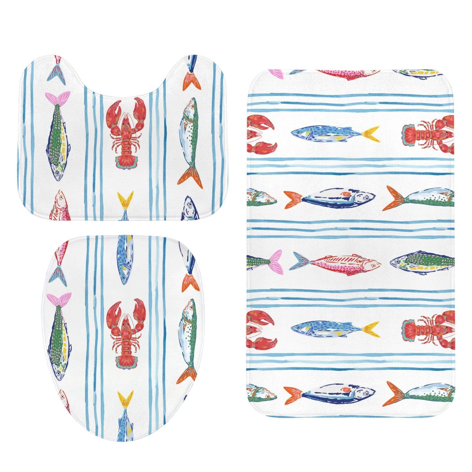 Striped Lobster Fish Bathroom Mat Set, Coastal Seafood Bath Decor Rugs