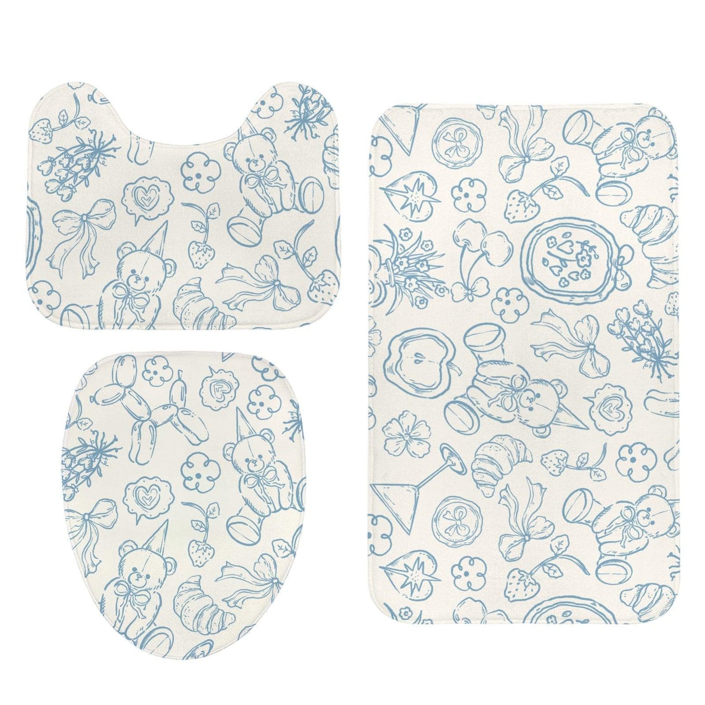 Blue Toile Teddy Bear Bathroom Rug Set, Whimsical Nursery Bath Decor