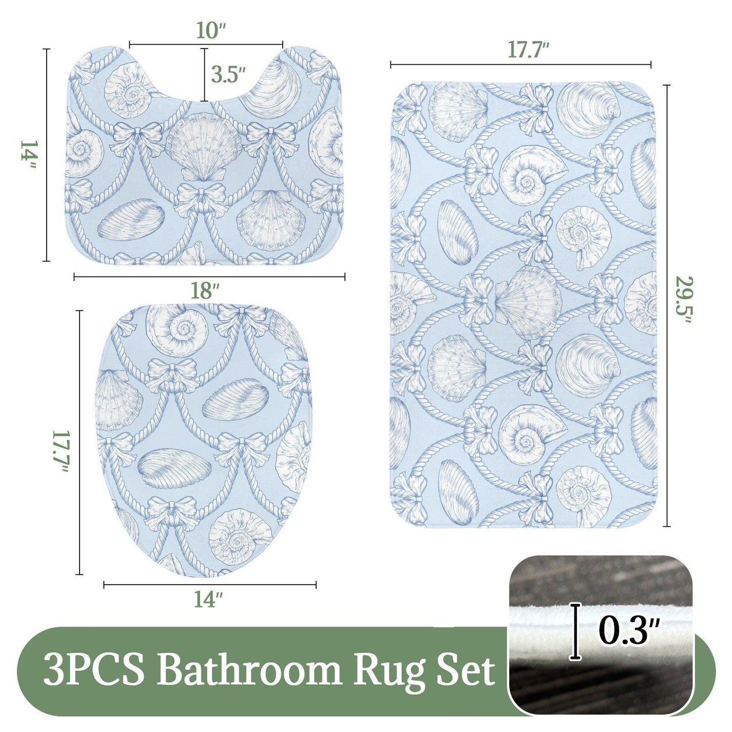 Seashell Bath Mat Set, Coastal Rope Bow Bathroom Rug, Nautical Toilet Contour Mat