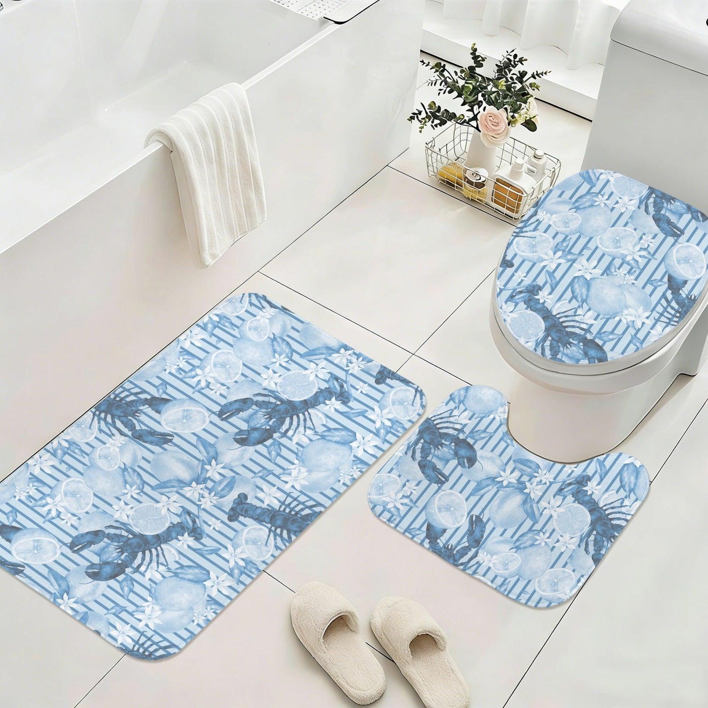 Blue Lobster Lemon Floral Bath Mat Set, Watercolor Coastal Bathroom Rug