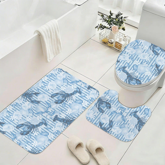 Blue Lobster Lemon Floral Bath Mat Set, Watercolor Coastal Bathroom Rug