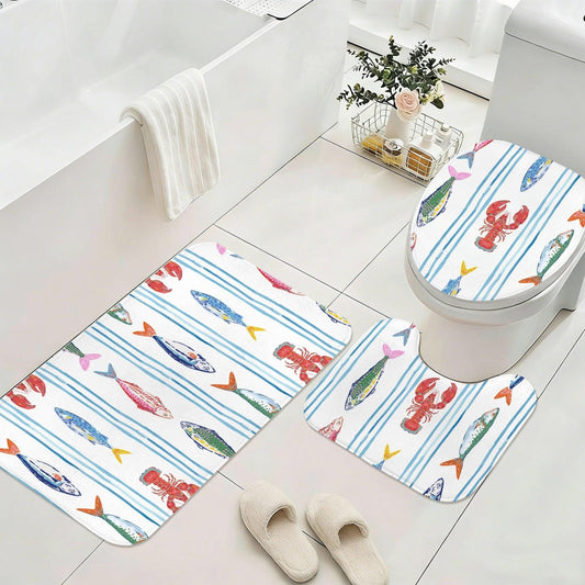 Striped Lobster Fish Bathroom Mat Set, Coastal Seafood Bath Decor Rugs