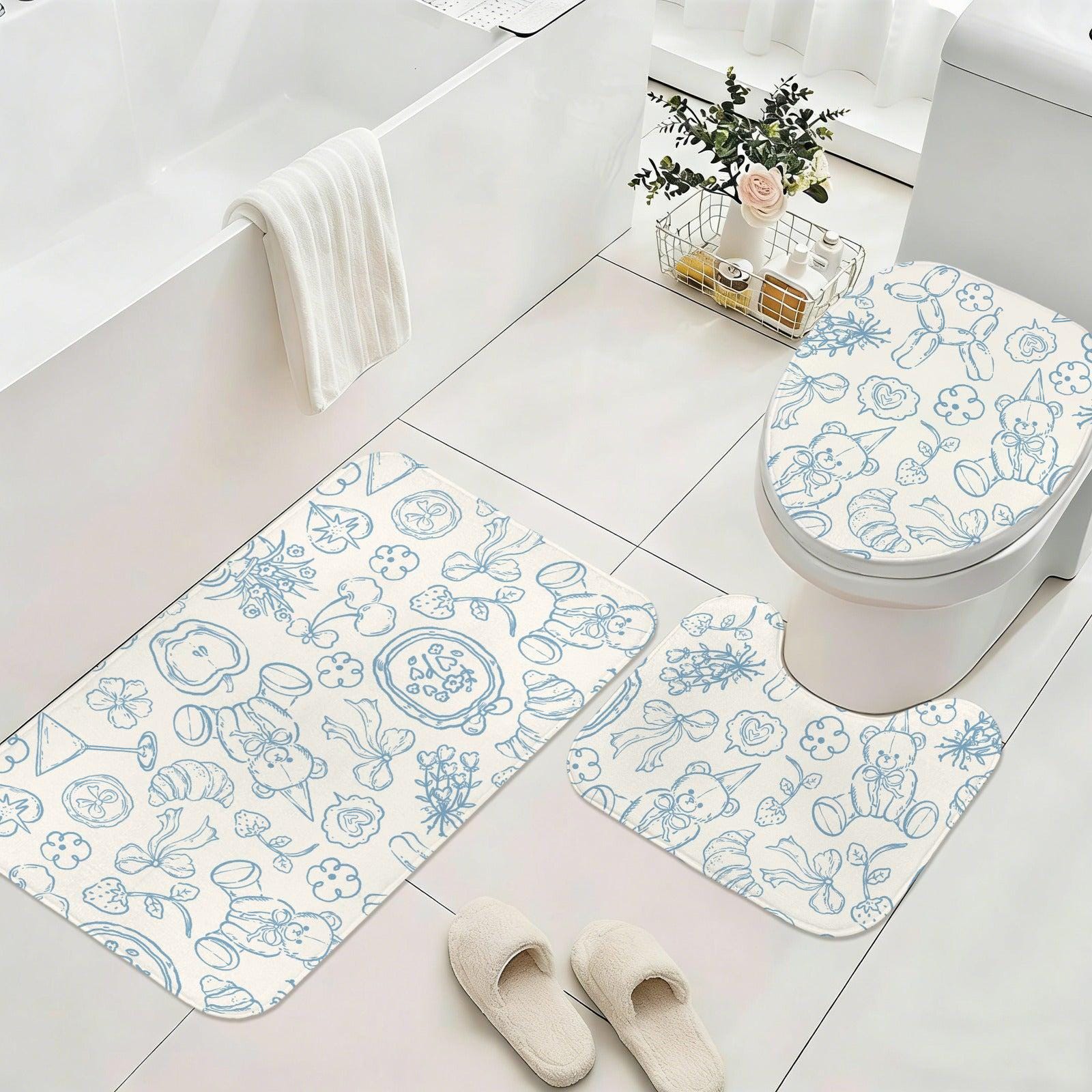 Blue Toile Teddy Bear Bathroom Rug Set, Whimsical Nursery Bath Decor