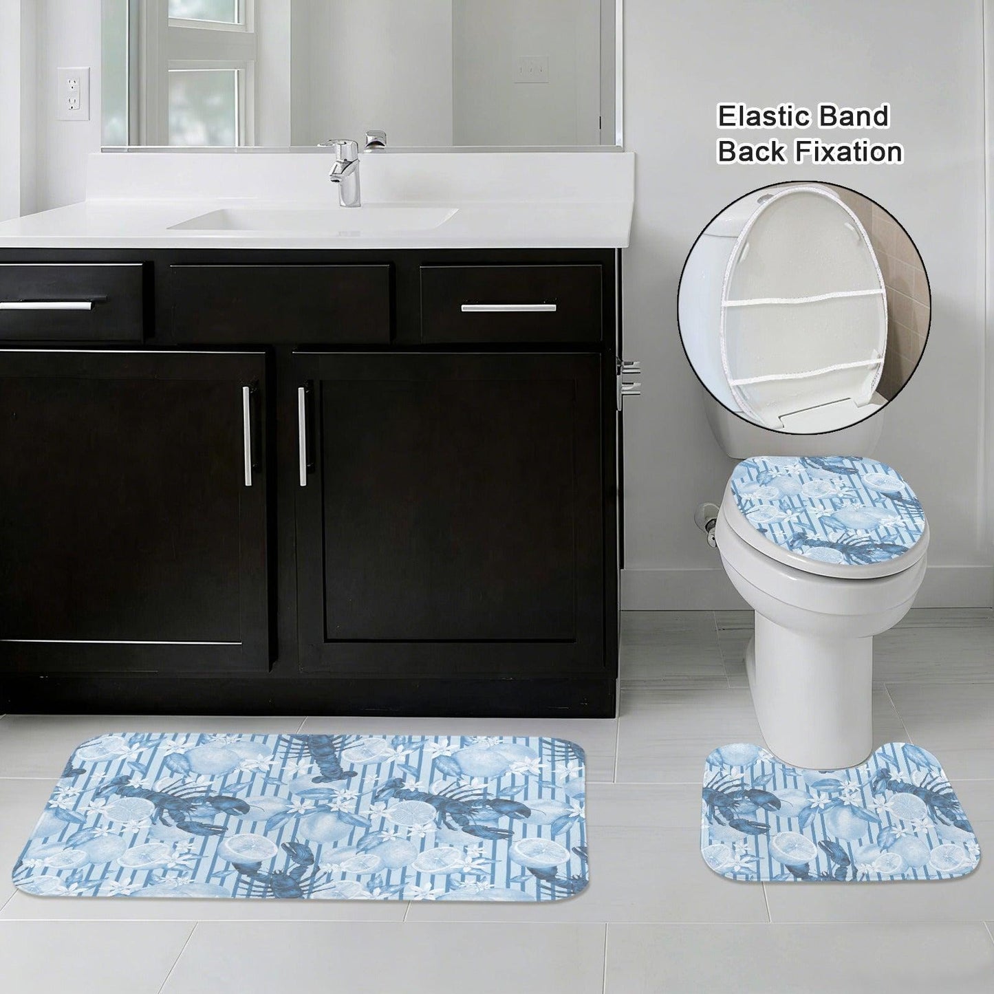 Blue Lobster Lemon Floral Bath Mat Set, Watercolor Coastal Bathroom Rug