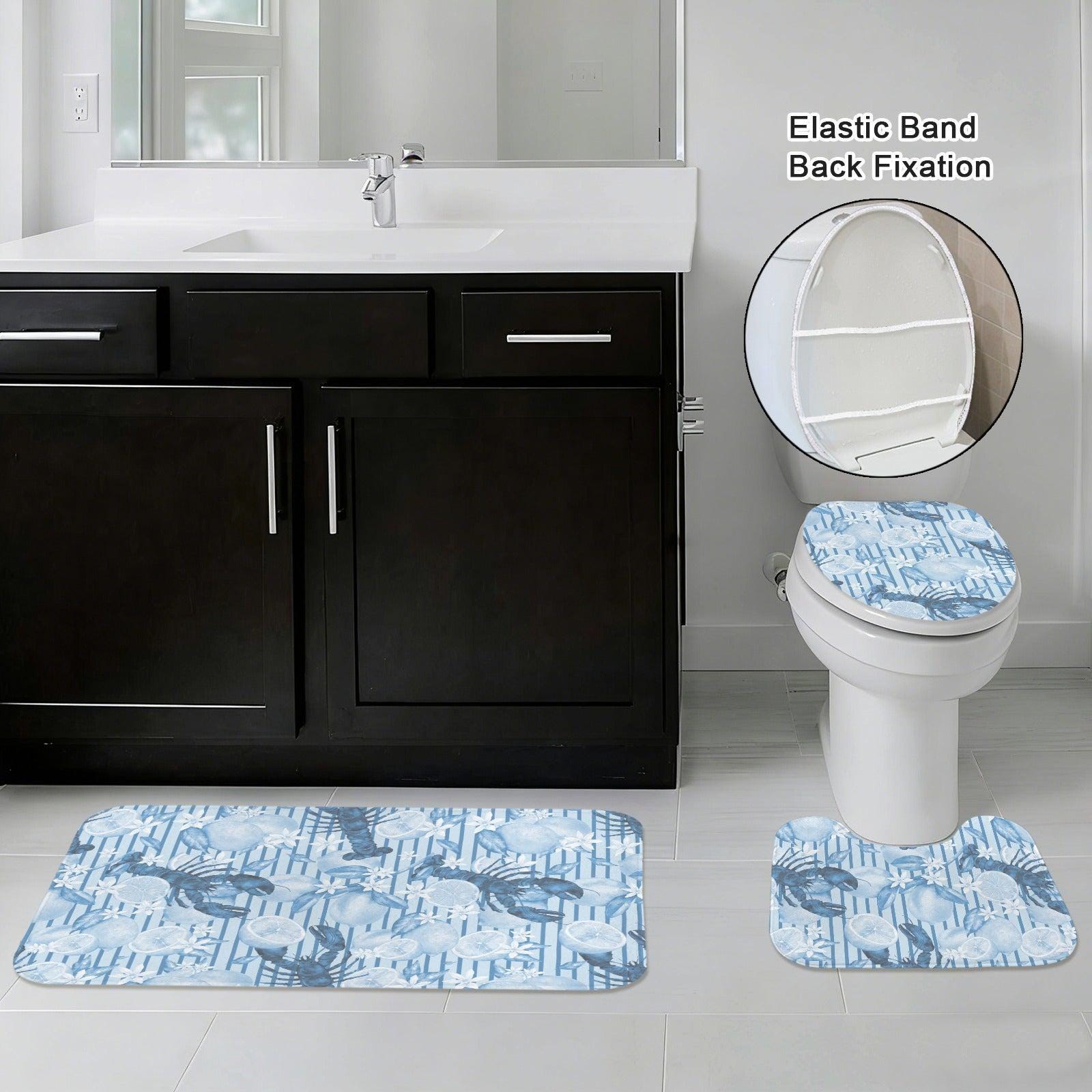Blue Lobster Lemon Floral Bath Mat Set, Watercolor Coastal Bathroom Rug