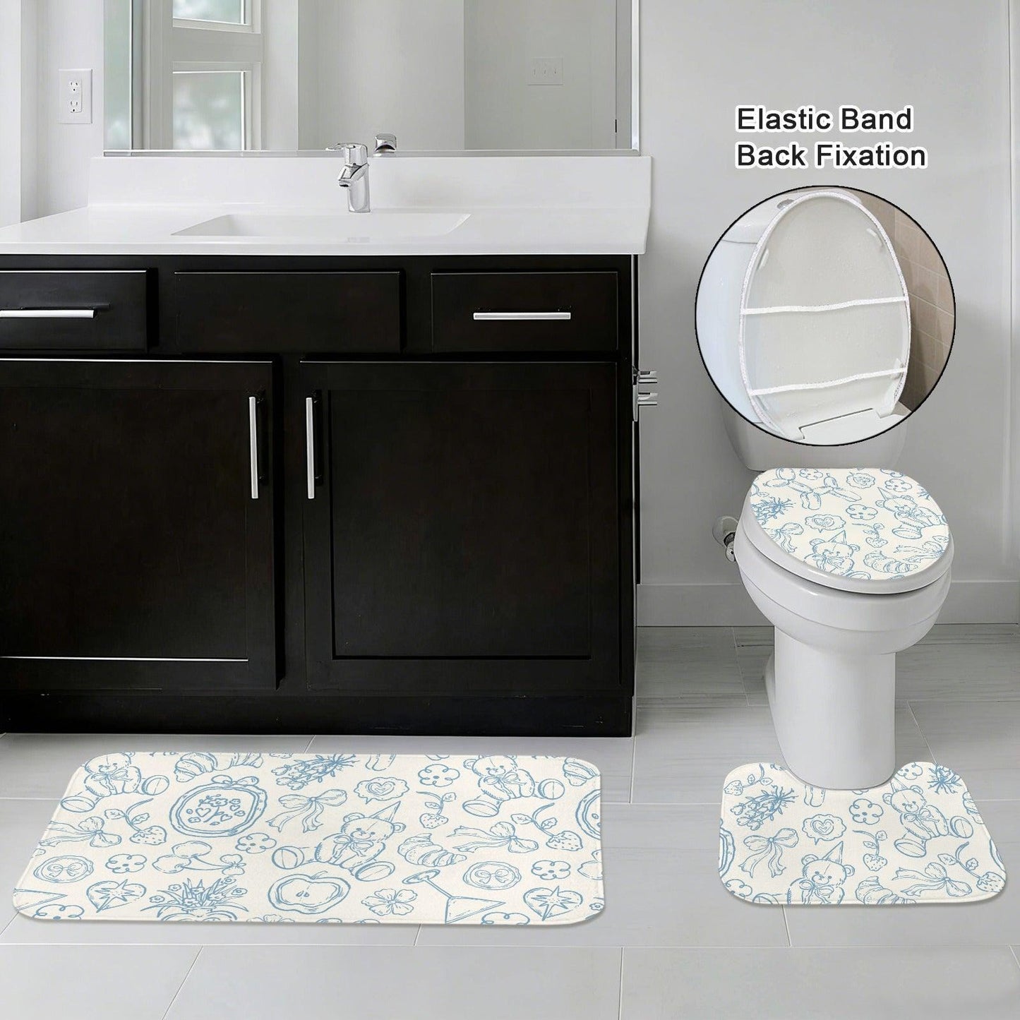 Blue Toile Teddy Bear Bathroom Rug Set, Whimsical Nursery Bath Decor