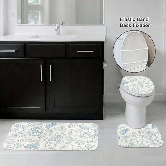 Blue Toile Teddy Bear Bathroom Rug Set, Whimsical Nursery Bath Decor