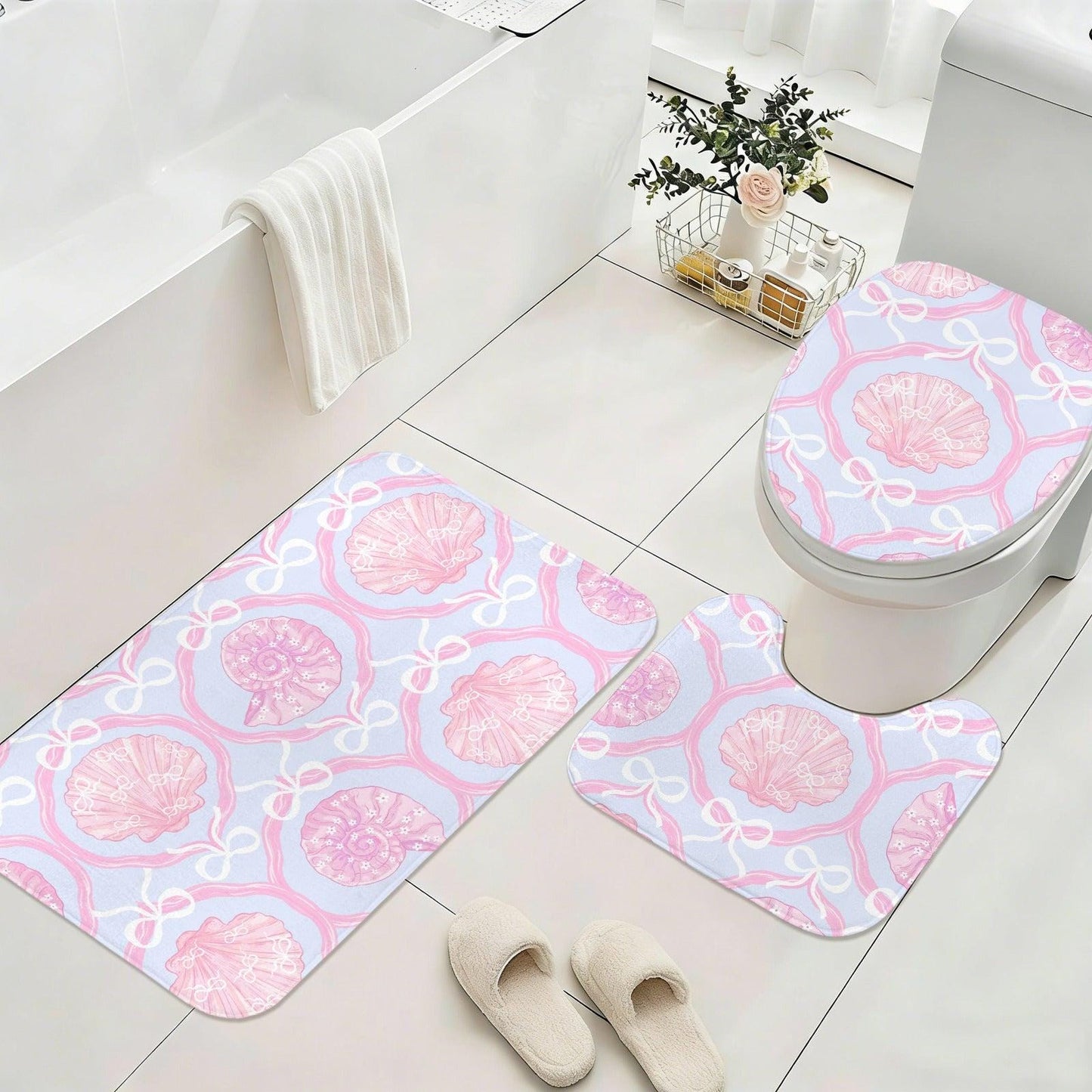 111Seashell Bath Mat Set, Pink Coquette Bathroom Rug With Toilet Lid Cover, Pastel Bow Shell Decor, Mermaidcore Powder Room Accent