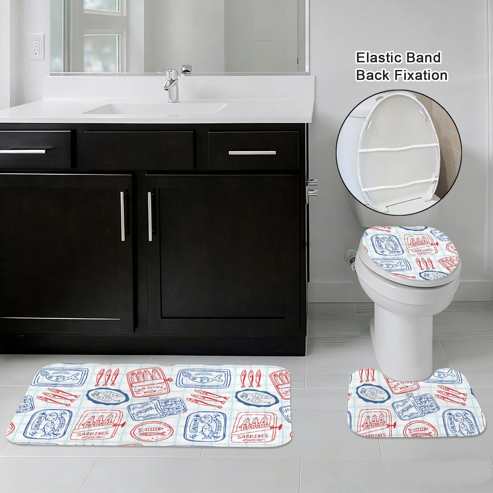 Tinned Fish Sardine Bath Mat Set, Coastal Nautical Bathroom Decor, Red Blue Seafood Print