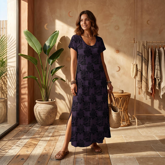 Dark Floral Maxi Dress, Black Rose Print, Gothic Boho Vacation Outfit