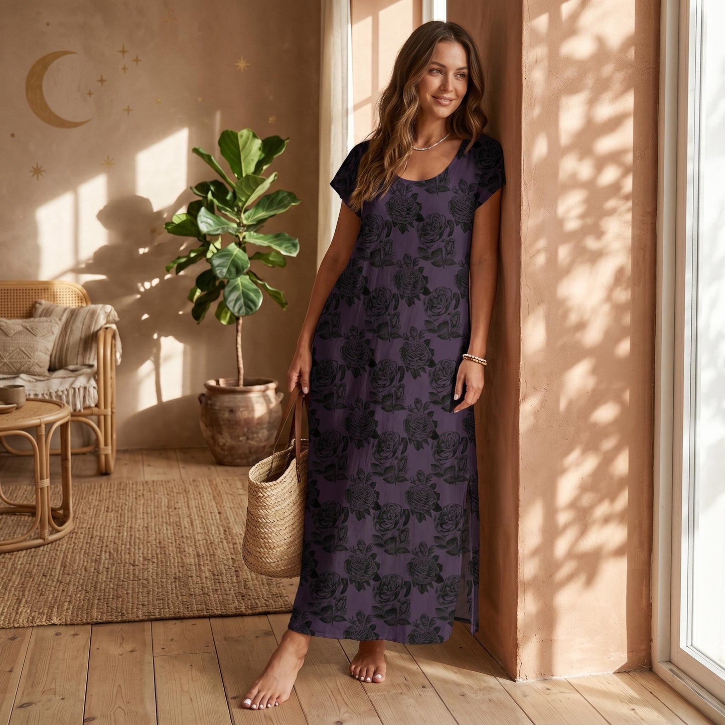 Dark Floral Maxi Dress, Black Rose Print, Gothic Boho Vacation Outfit