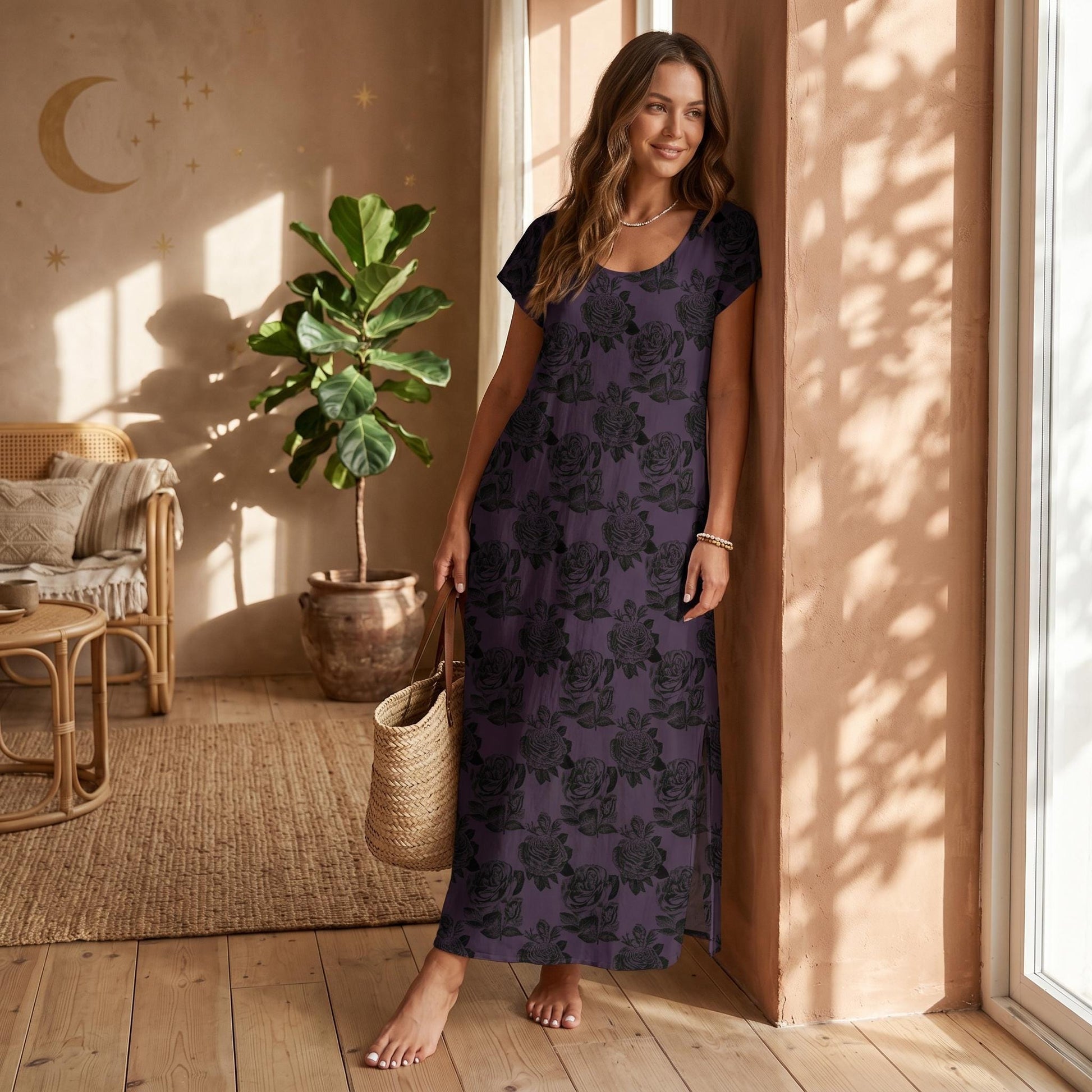 Dark Floral Maxi Dress, Black Rose Print, Gothic Boho Vacation Outfit