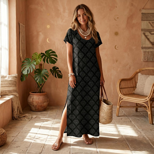 Black Damask Maxi Dress, Gothic Boho Flowy Summer Vacation Outfit