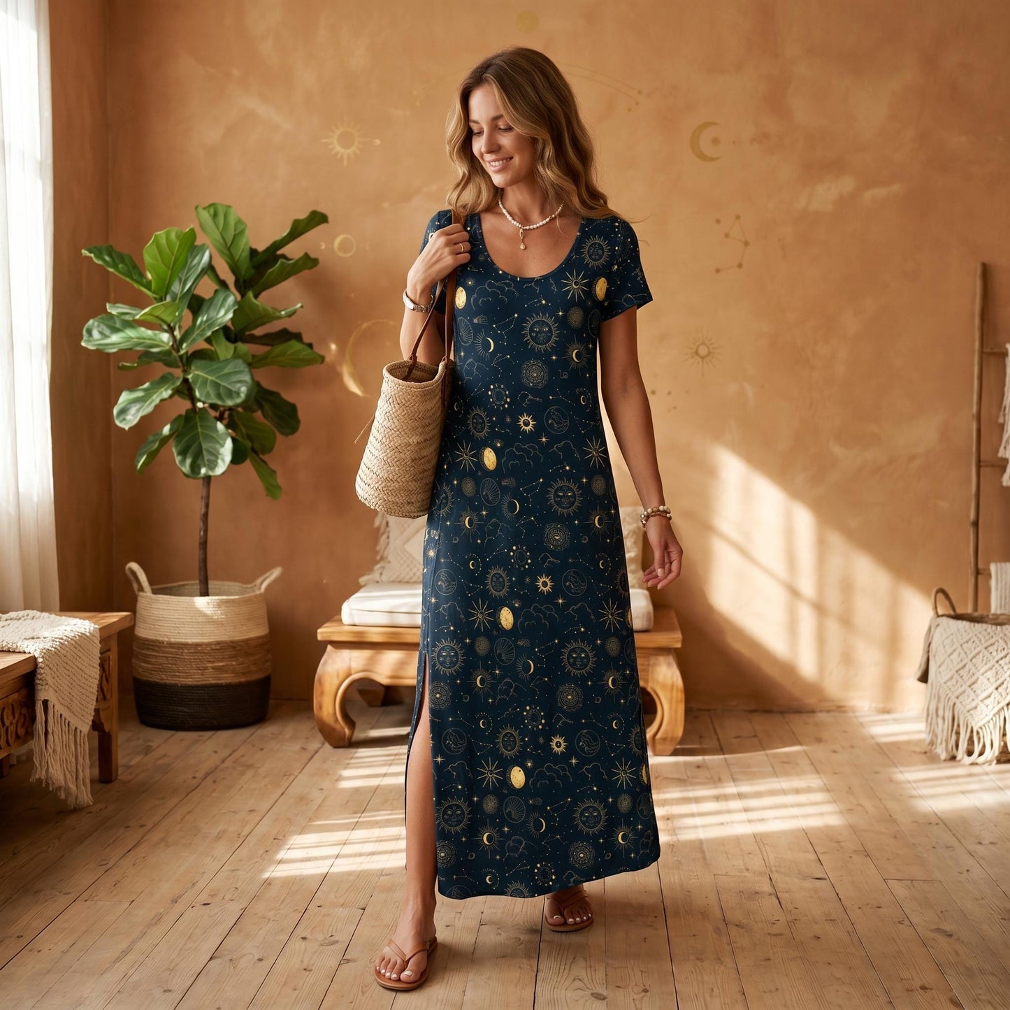 Celestial Maxi Dress, Navy Moon Sun Star Print, Boho Vacation Outfit
