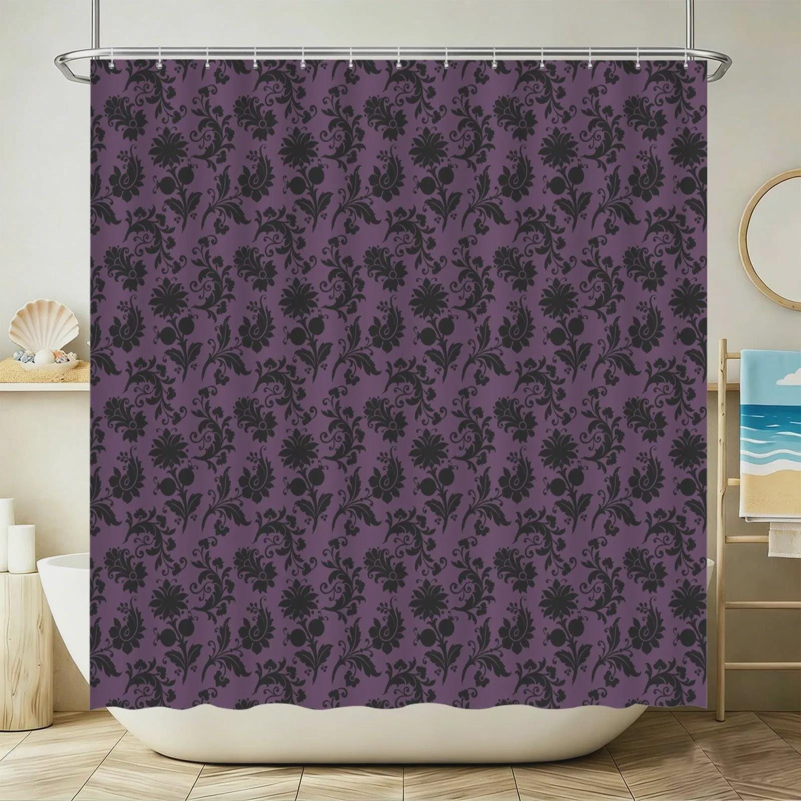 Purple Damask Bathroom Rug Set, Gothic Floral 3-Piece Bath Mat, Moody Victorian Decor