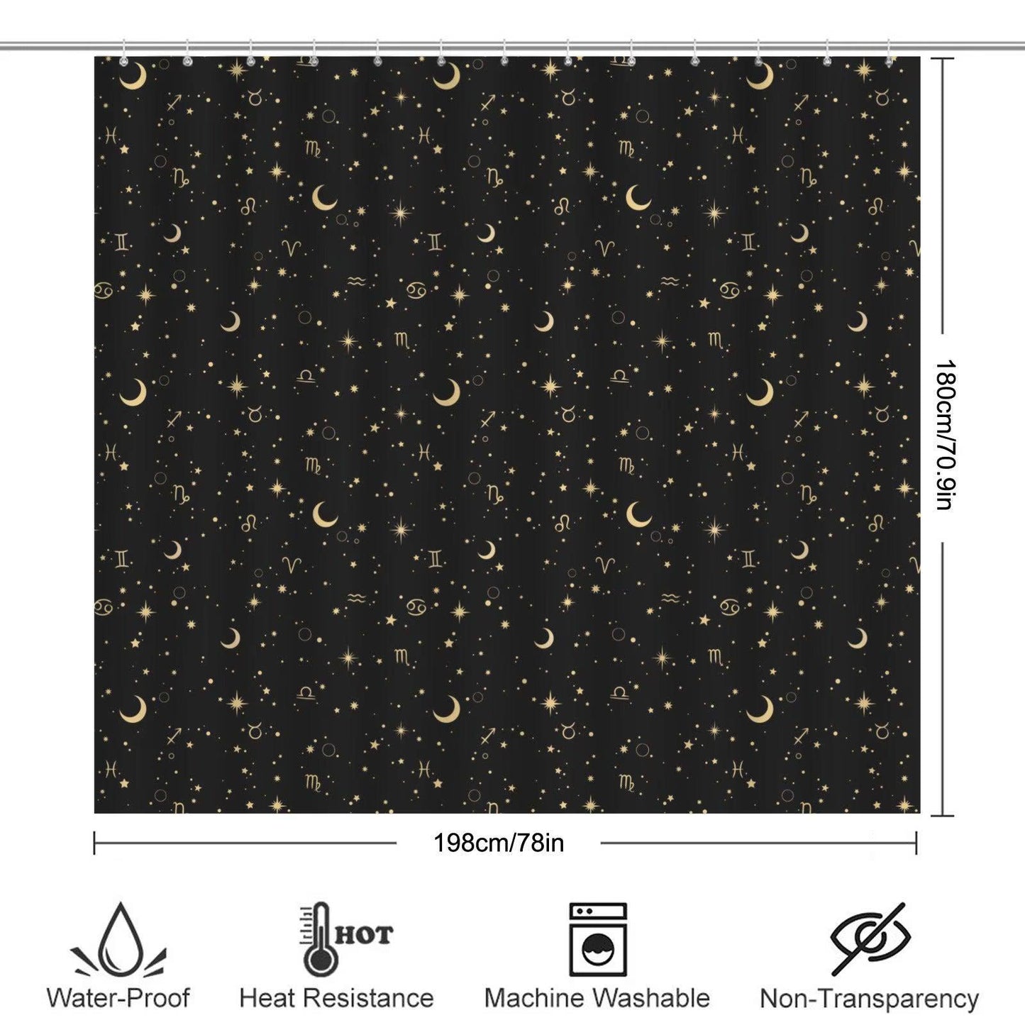 Celestial Zodiac Bathroom Rug Set, Black Gold Moon Star Bath Mat, Horoscope Home Decor