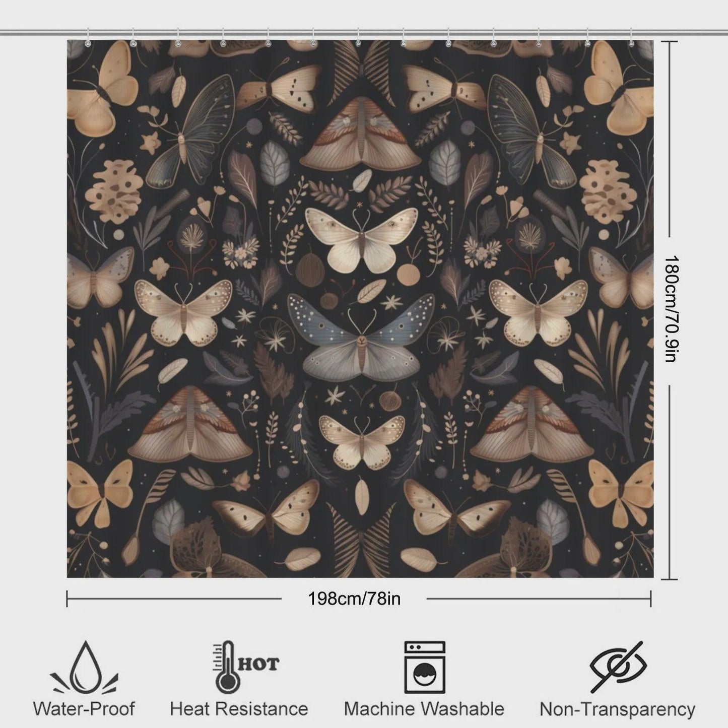 Moth Butterfly Bathroom Rug Set, Dark Cottagecore Toilet Cover, Gothic Nature Bath Decor