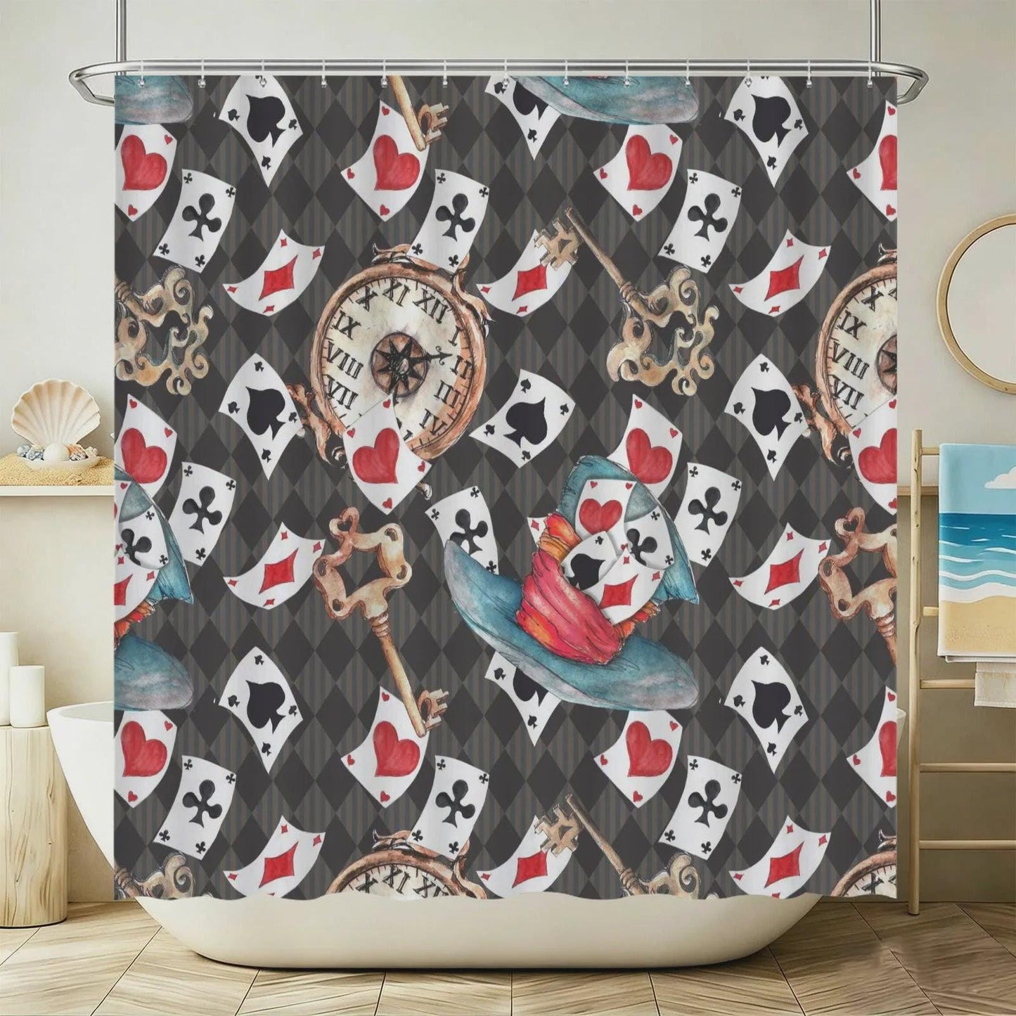 3 Piece Bathroom Rug Set, Playing Cards, Vintage Clock, Whimsical Maximalist Decor